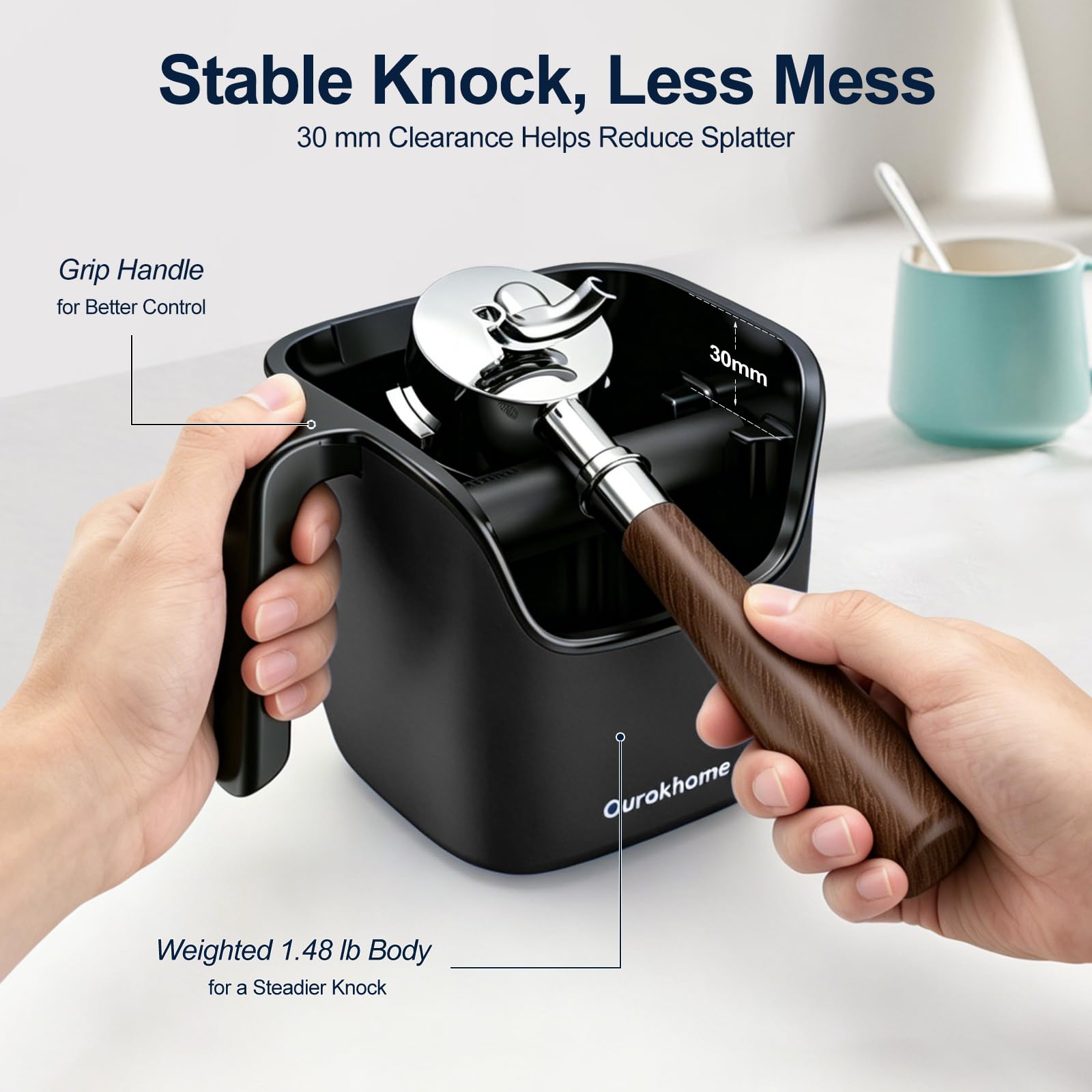 Ourokhome Espresso-Klopfbox mit Deckel, kompakter Kaffeesatzbehälter für Zuhause, Kaffeebar, abnehmbare Klopfstange, Außenseite aus 304 Edelstahl, rutschfester Boden und Griff, leicht zu reinigen