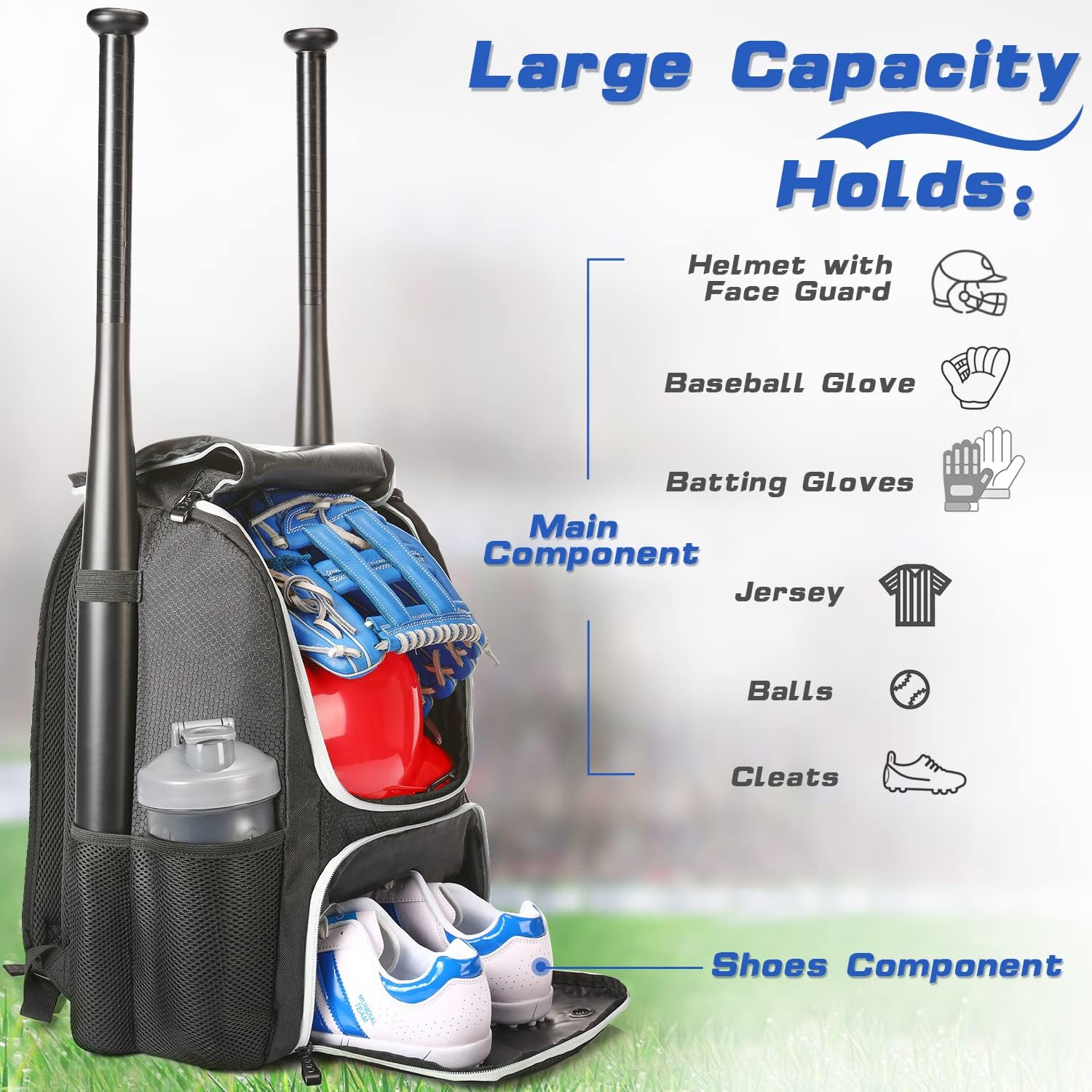 Jalunth Baseball Softball Bat Bag Backpack Youth Adult Large Room Fastpitch Slowpitch Equipment Bags Boys Kids Girls Tball Gear Back Pack Mens Women Fence Hook Shoes Compartment Fits Face Guard Helmet : Sports & Outdoors