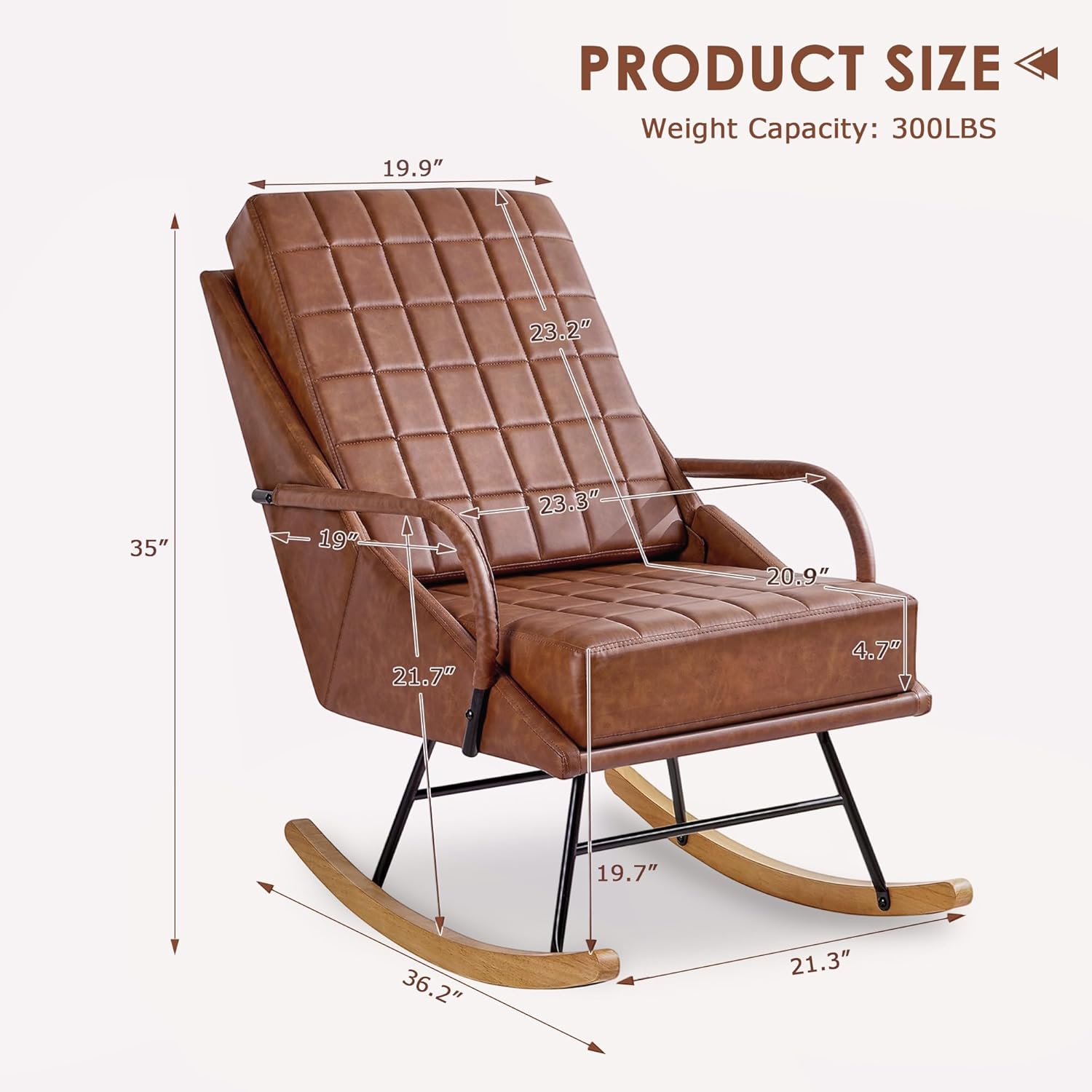 VECELO Rocking Chair Nursery, Oversized Leather Glider Rocker with Padded Cushion, Upholstered Removable High Back, Brown