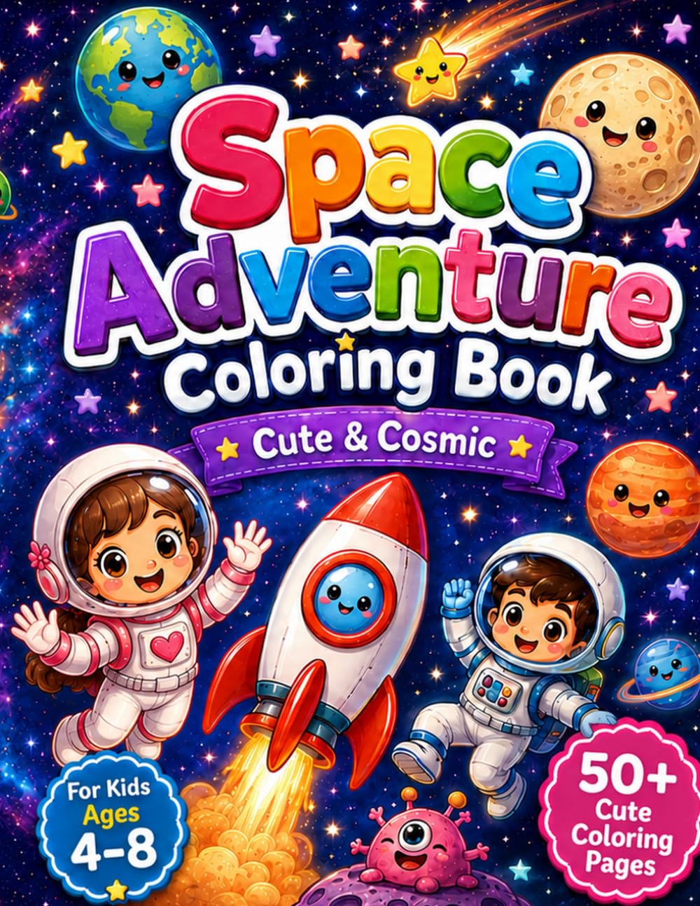 Space Adventure Coloring Book for Kids Ages 4-8: Cute and Cosmic Outer Space Coloring Pages with Astronauts, Rockets, Planets, Stars, Aliens and Galaxy Fun