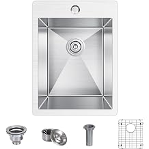 15x20 Inch Bar Sink Drop In, 18 Gauge Single Bowl 304 Stainless Steel 9 Inch Deep Small Kitchen/Bar Sink with Bottom Grid & Strainer, Brushed Finish