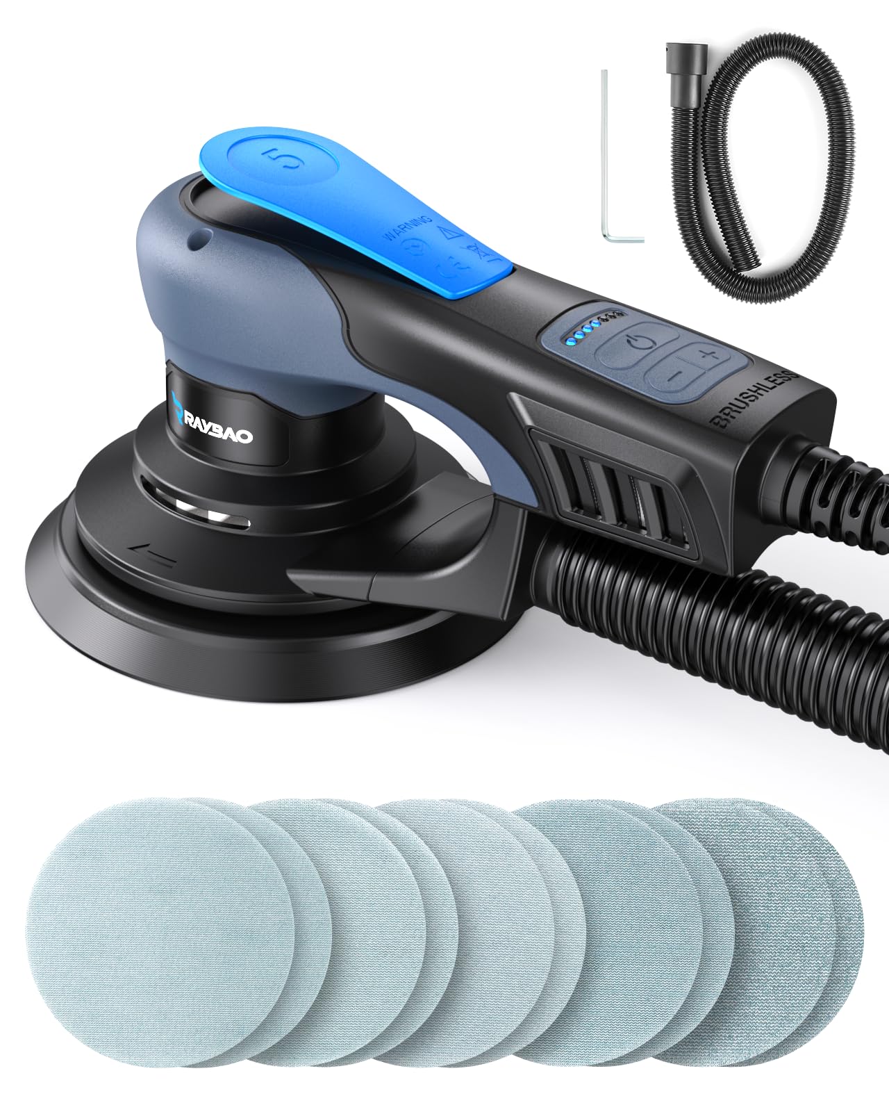 Lijadora orbital sin escobillas, 350 W, disco de lijado de 150 mm, excentricidad de 5 mm | Lijadora excéntrica de 6 niveles hasta 10.000 rpm, baja vibración, ligera, lijadora externa para superficies de madera