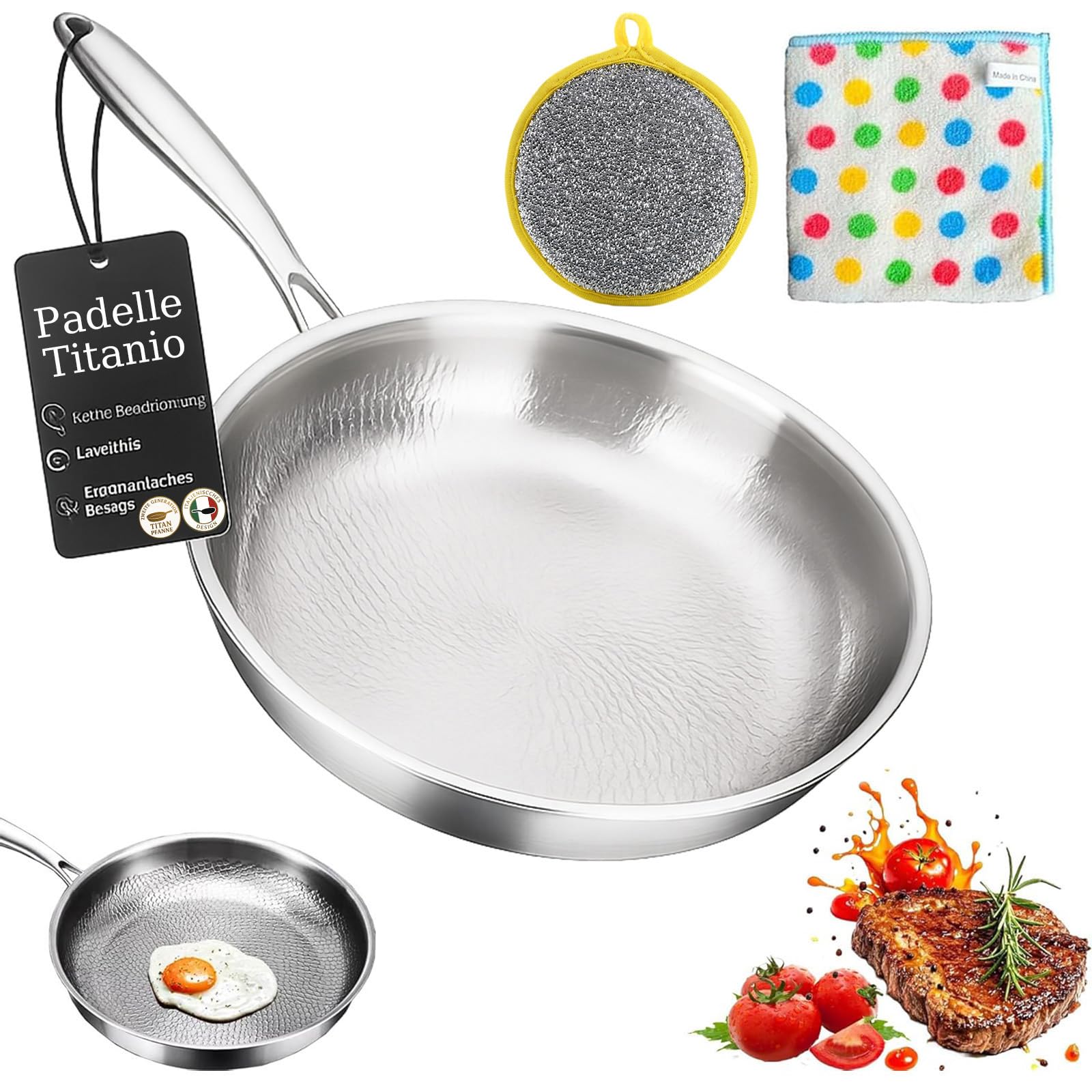 Generico Padella Titanio Puro, Padella in Titanio Titanium Pro Senza Rivestimento con Manico Rimovibile 20/24/26/28/30 cm, Compatibile Induzione Gas Elettrico (Senza Coperchio, 24 cm)