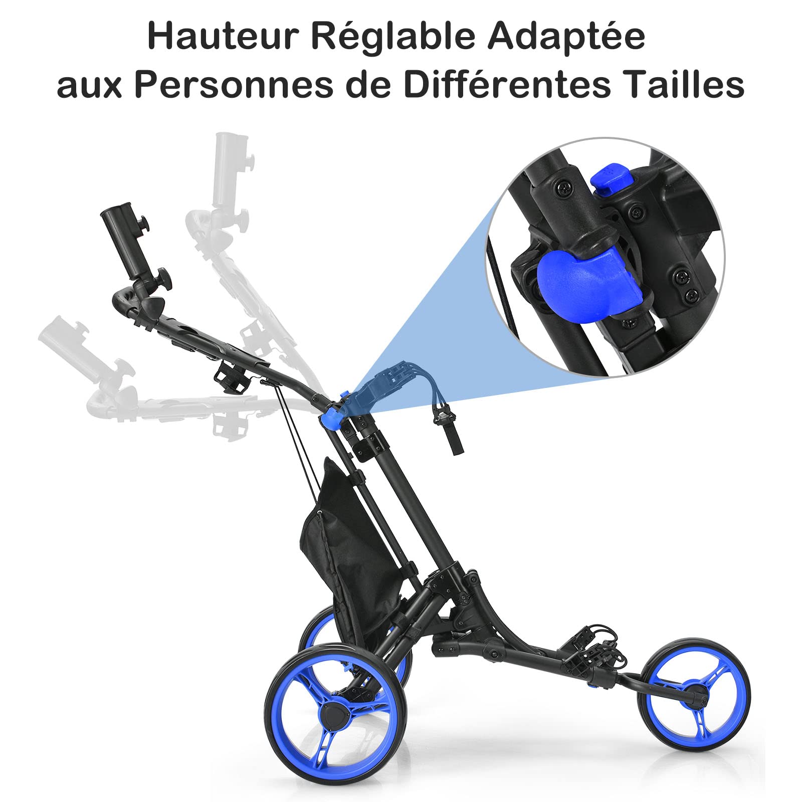GOPLUS Chariot de Golf Pliable à 3 Roues, 4 Positions de Hauteur Réglables, Cadre en Alu, Porte-ombrelle Réglable, Sac Étanche, Frein à Pied, 121 x 70 x 116 CM