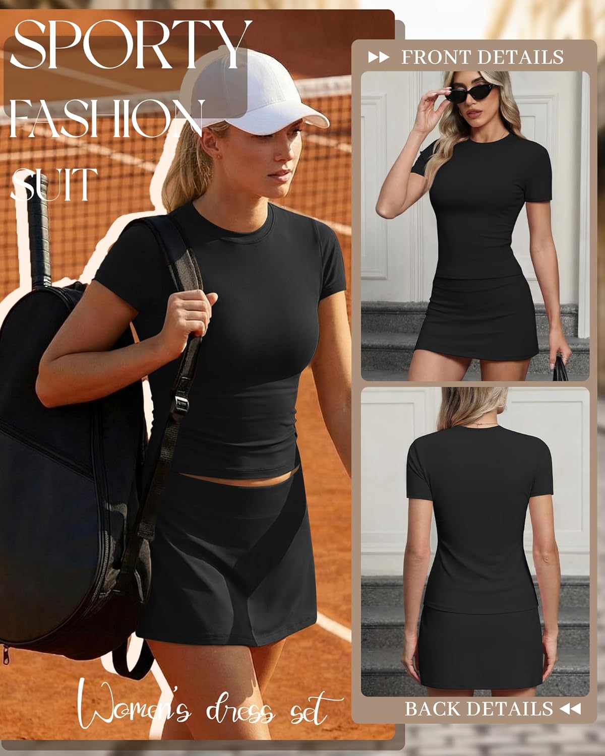 Riyiper Two Piece Skirt Set for Women Workout Shirts Basic Tops Tennis Shorts Skirts Crew Neck Lounge Sets Slim Fit Outfits - Image 6