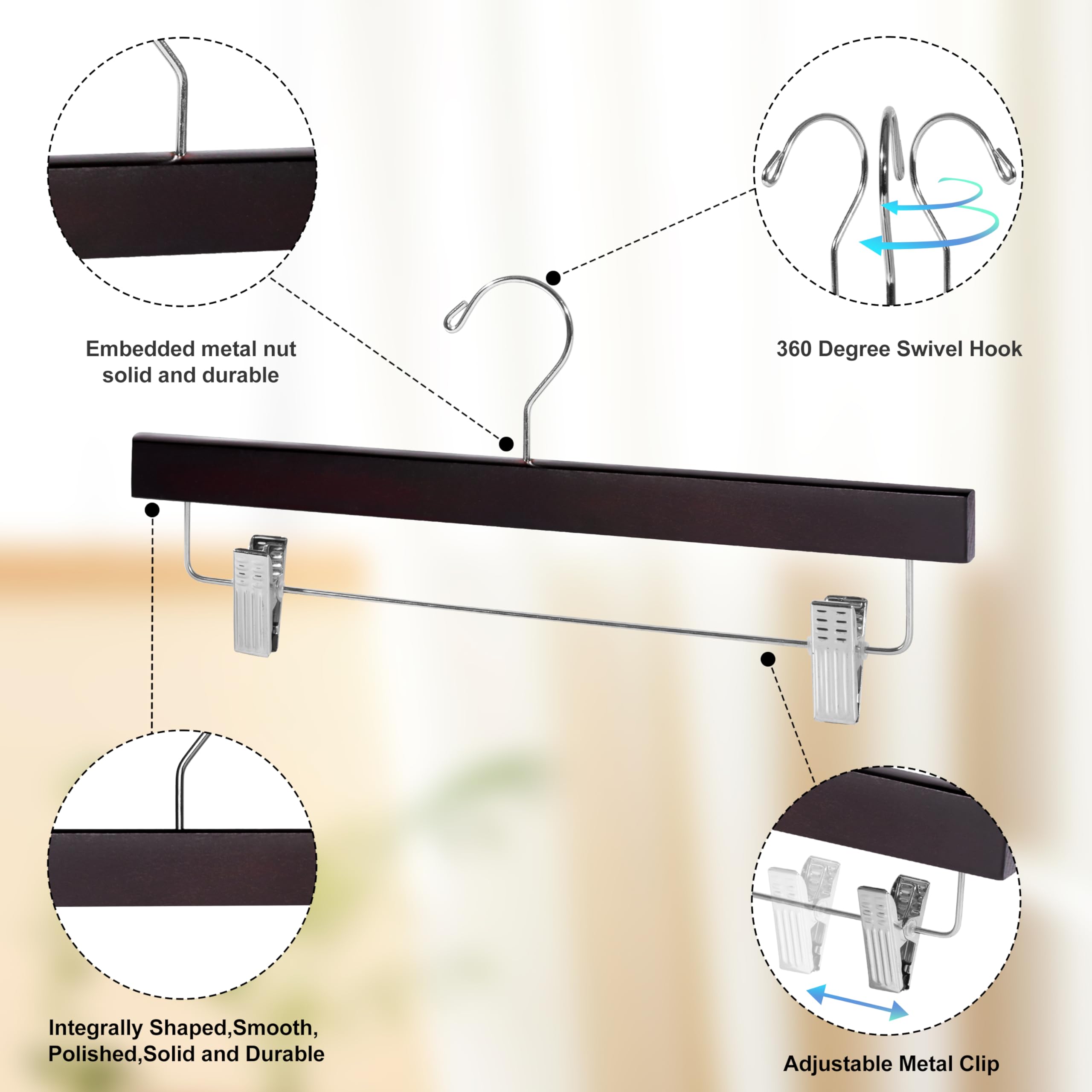 Quality Hangers Hölzerne Hosenbügel,10er Pack Drehhaken Tuch Kleiderbügel Set,Lotusholz Rock Hose Shorts und Slack Kleiderbügel mit verstellbarem Clip,Mahagoni Kleiderbügel Set in 6 modernen Farben
