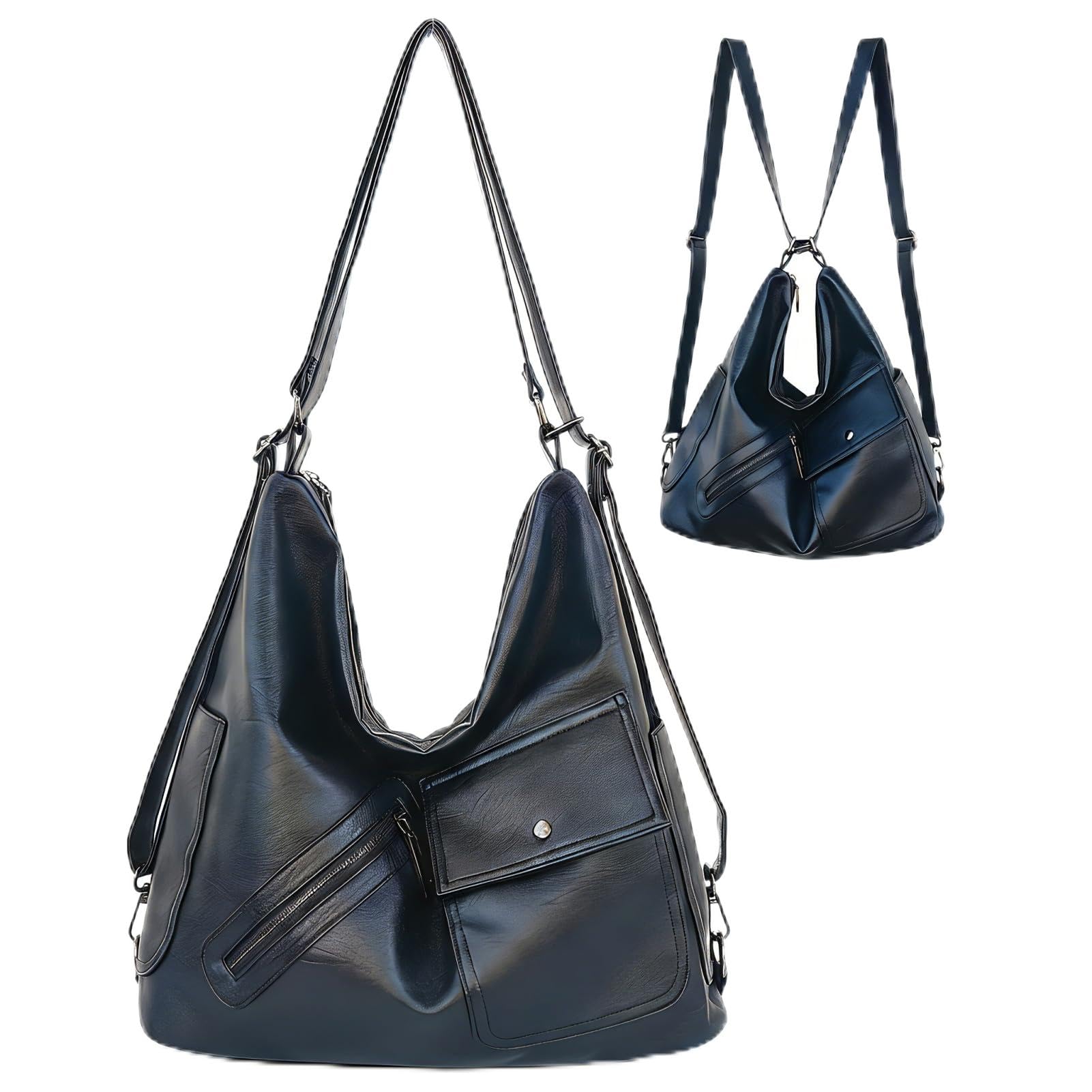 Multi-use Backpack for Women Vegan Leather Casual Large Work Tote Hobo Crossbody Shoulder Handbag wz 10 Pockets Black