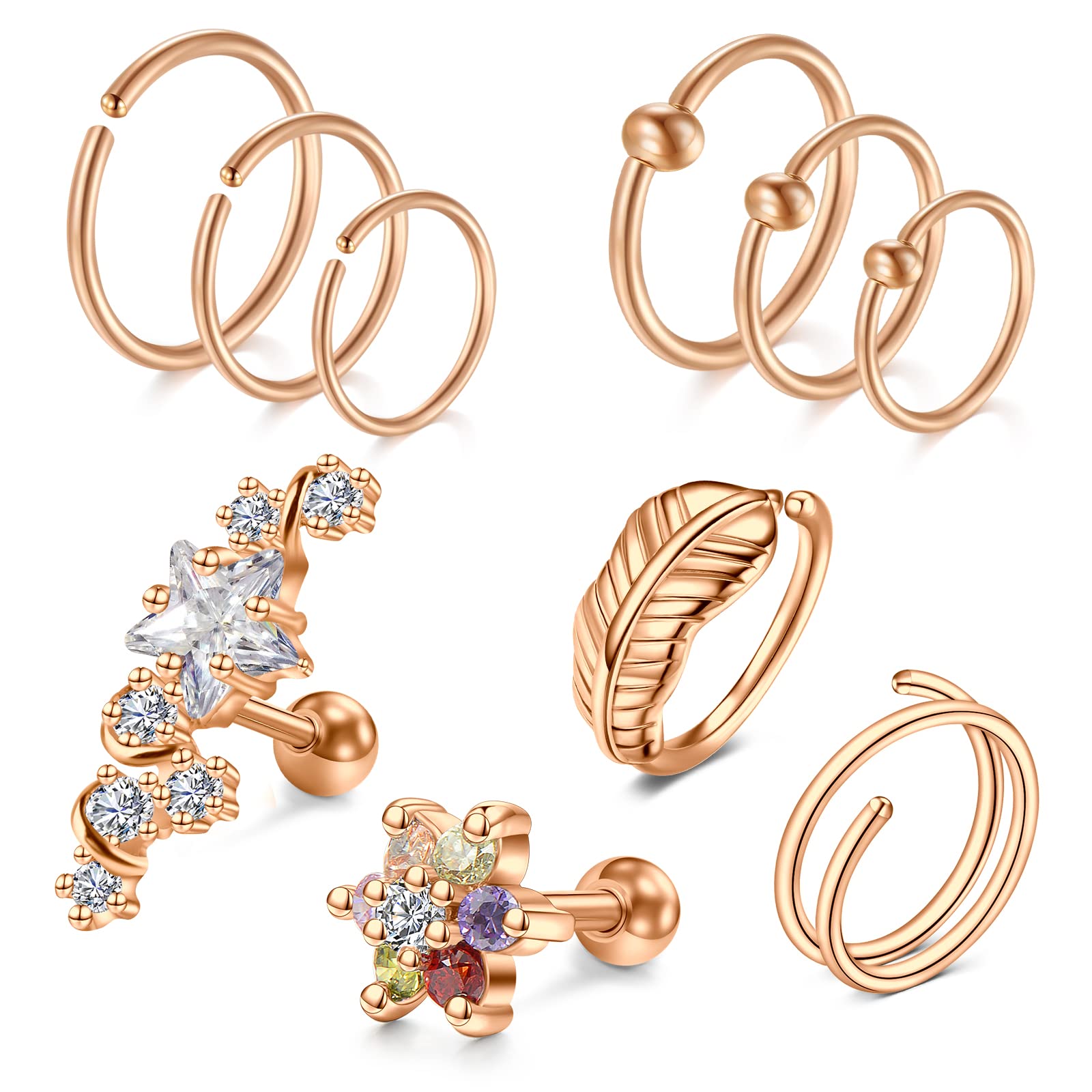 AVYRING 16G Piercing Oreja Helix Acero inoxidable Piercing Oreja Tragus Cartilago Rook Piercing Piercing Nariz Labio Anillo Septum Piercing 7 Piezas