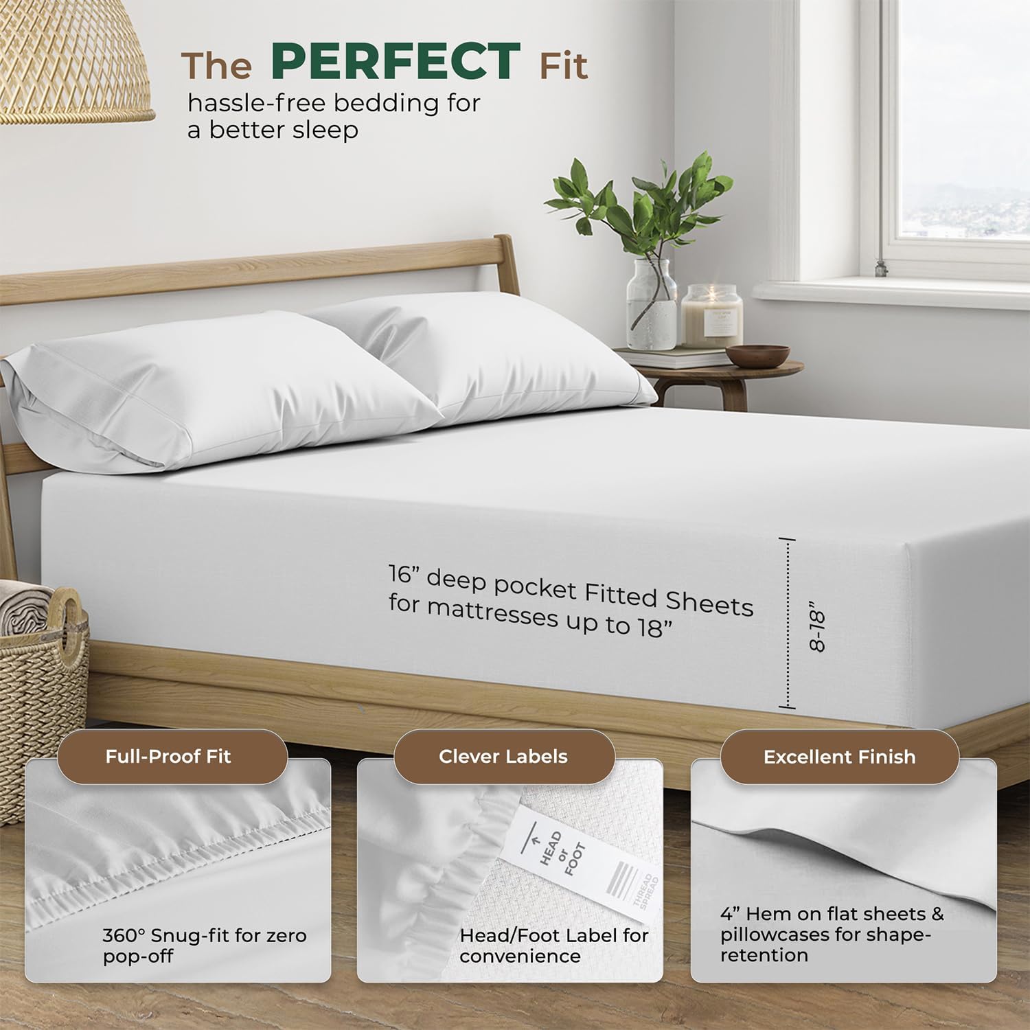 THREAD SPREAD 100% Organic Cotton Sheets Queen Size - 4 PC Organic Cotton Queen Size Percale Weave Sheet Set, Soft, Cooling, Crisp & Breathable, 16" Deep Pocket Hotel Quality Bedding Set - Light Grey - Image 4