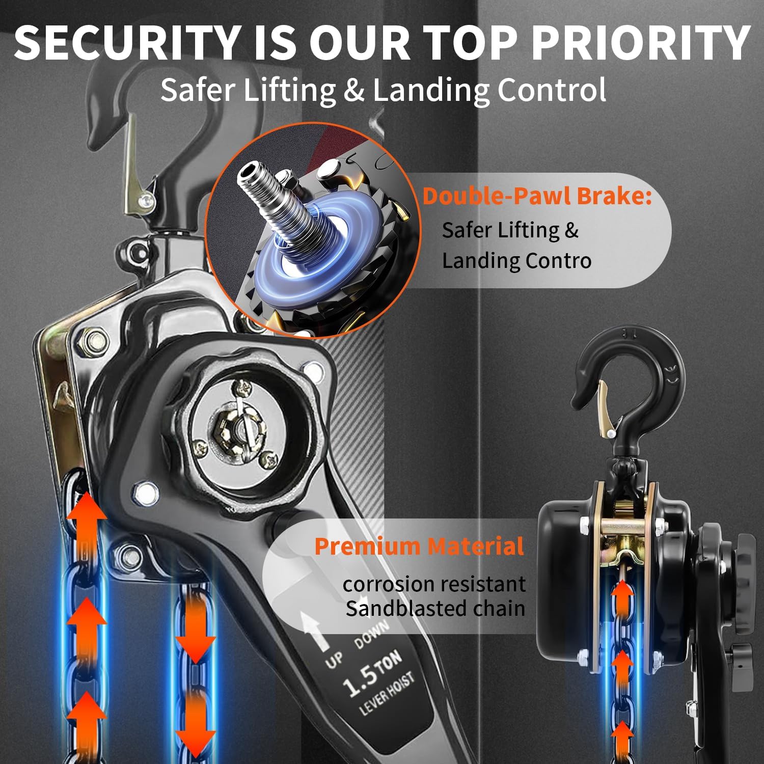 Manual Lever Chain Hoist 1.5 Ton 3300 lbs Capacity 10 FT Come Along, G80 Carbon Steel with Double-Pawl Brake,360° Rotation Hook, for Garage Factory Dock (Lever Chain Hoist 1.5T/3m)