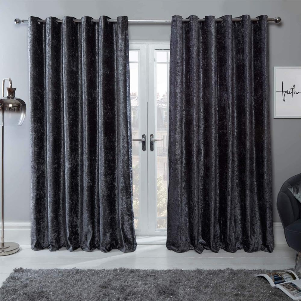 Sienna Crushed Velvet Curtain Eyelet Ring Top Pair of Fully Lined Curtains, Soft Luxury Charcoal Grey Thermal Insulated Curtains Window Treatment 2 Panel, 66" x 90"