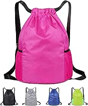 Drawstring Bag, Unisex Large Sports Backpack String Drawstring PE Bags, Sport Gym Sack have Two Side Pockets, Waterproof Travel Beach Swim School Bag