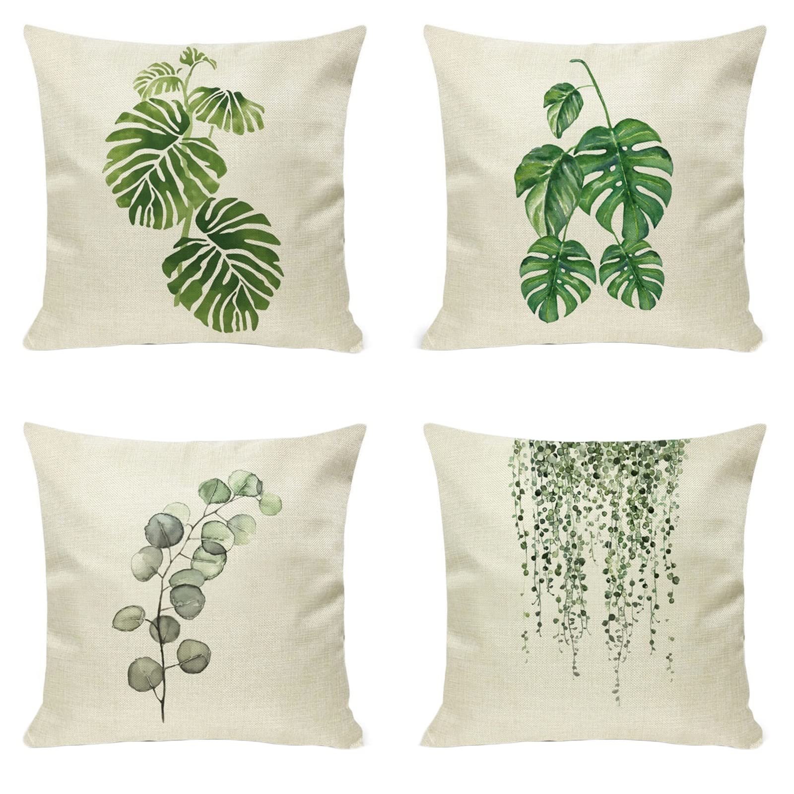 Fundas Cojin 50 por 50 Decoracion,Juego de 4 Cojin Fundas,Patrón de Hojas (Sin Relleno,Beige Verde)