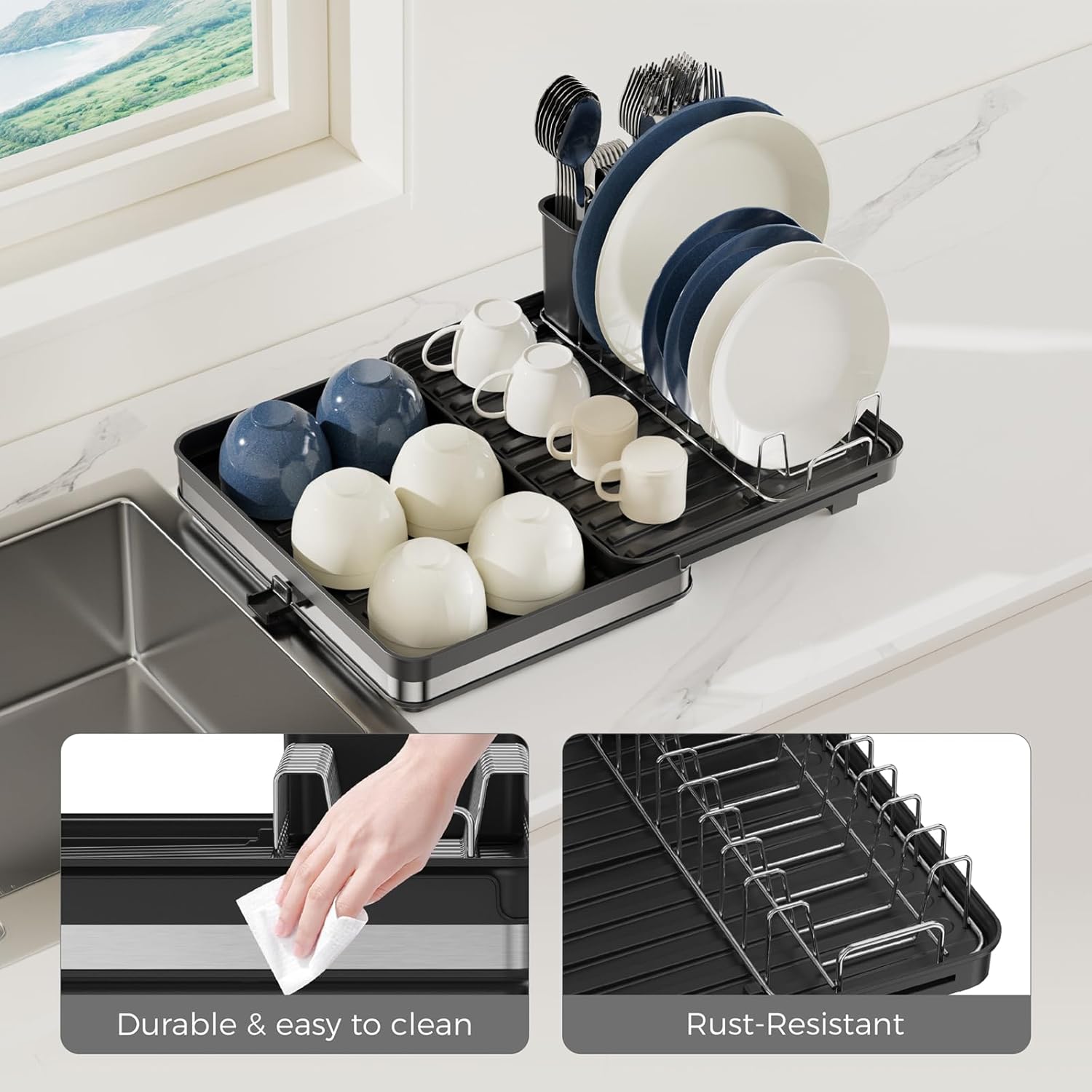 Sineng Expandable Dish Drying Rack,Stainless Steel Foldable Dish Rack with Cutlery Holder,Multifunctional Compact countertop Dish Drainer,Space Saving extendable Big Capacity Dish Holder