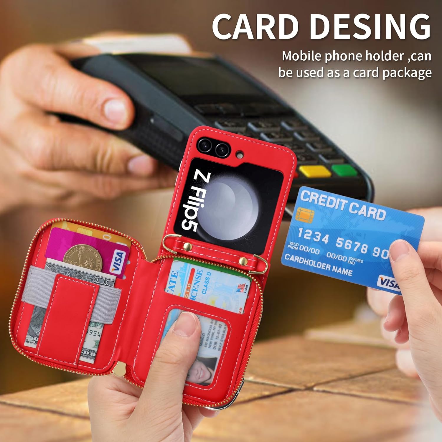 Women Wallet Purse for Samsung Galaxy Z Flip 5 5G Case Crossbody with Credit Card Holder Strap Lanyard Flip5 Leather Zipper (Red,Z Flip 5)