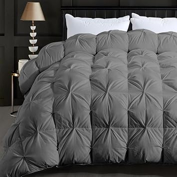 ELNIDO QUEEN Feather Comforter King Size Duvet Insert, Luxury Fluffy Grey Pinch Pleat Design - All Season Hotel Collection Cotton Bed Comforter with 8 Tabs, King 106x90 Inches