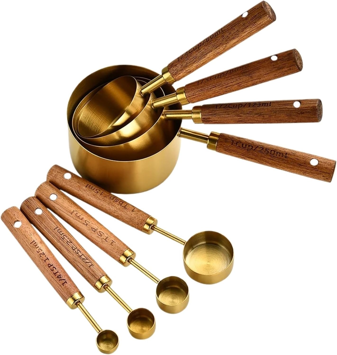 Measuring Cups and Spoons Set Gold Wooden Handle Stainless Steel Measuring Cups Spoons Baking Tools Coffee Measuring Spoon Set Bartending Scale Accessories(8Pcs Gold)