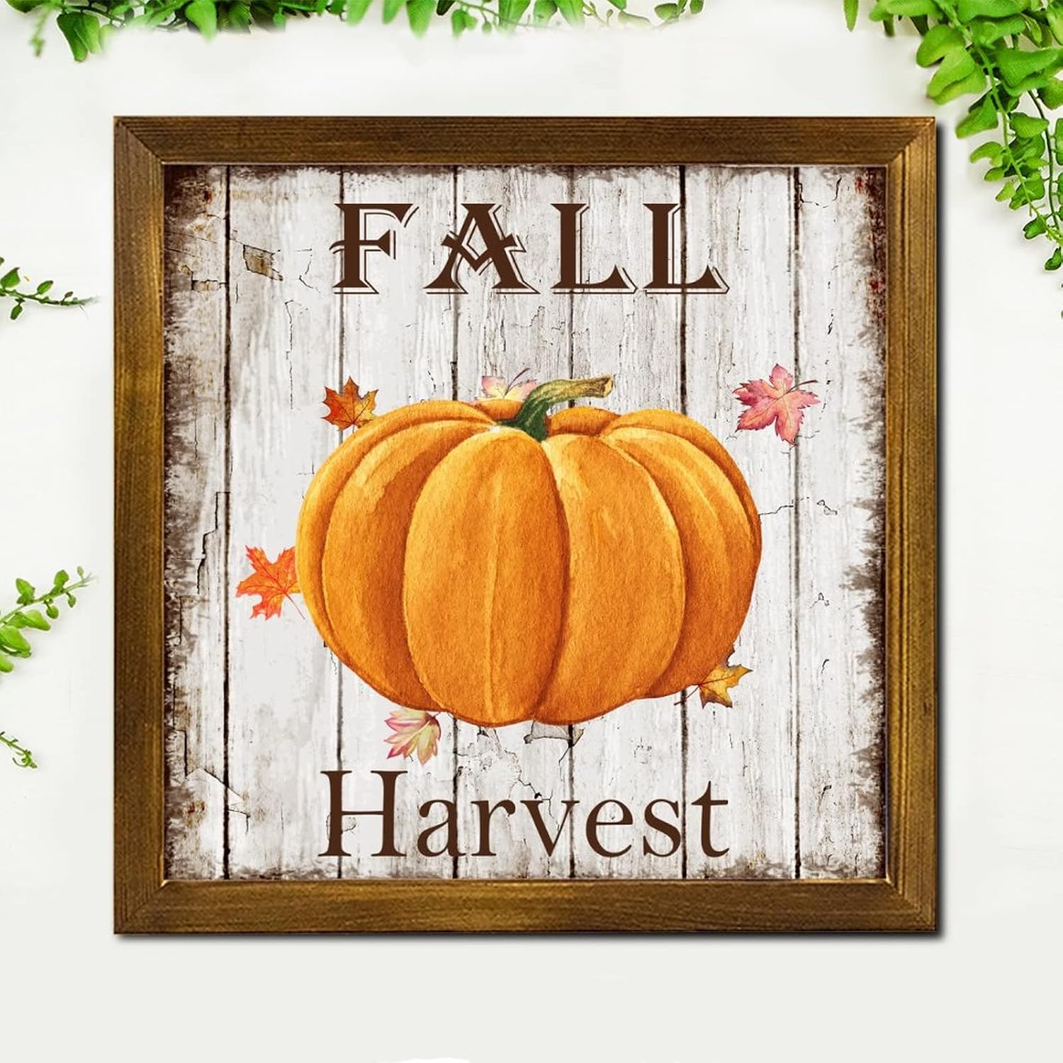 Fall Harvest Framed Wood Signs Pumpkin Flower Maple Leaves Wooden Wall Hangings Rustic Farm Harvest Home Family Wall Decorative for Bedroom Kitchen Living Room Table 12x12 inch