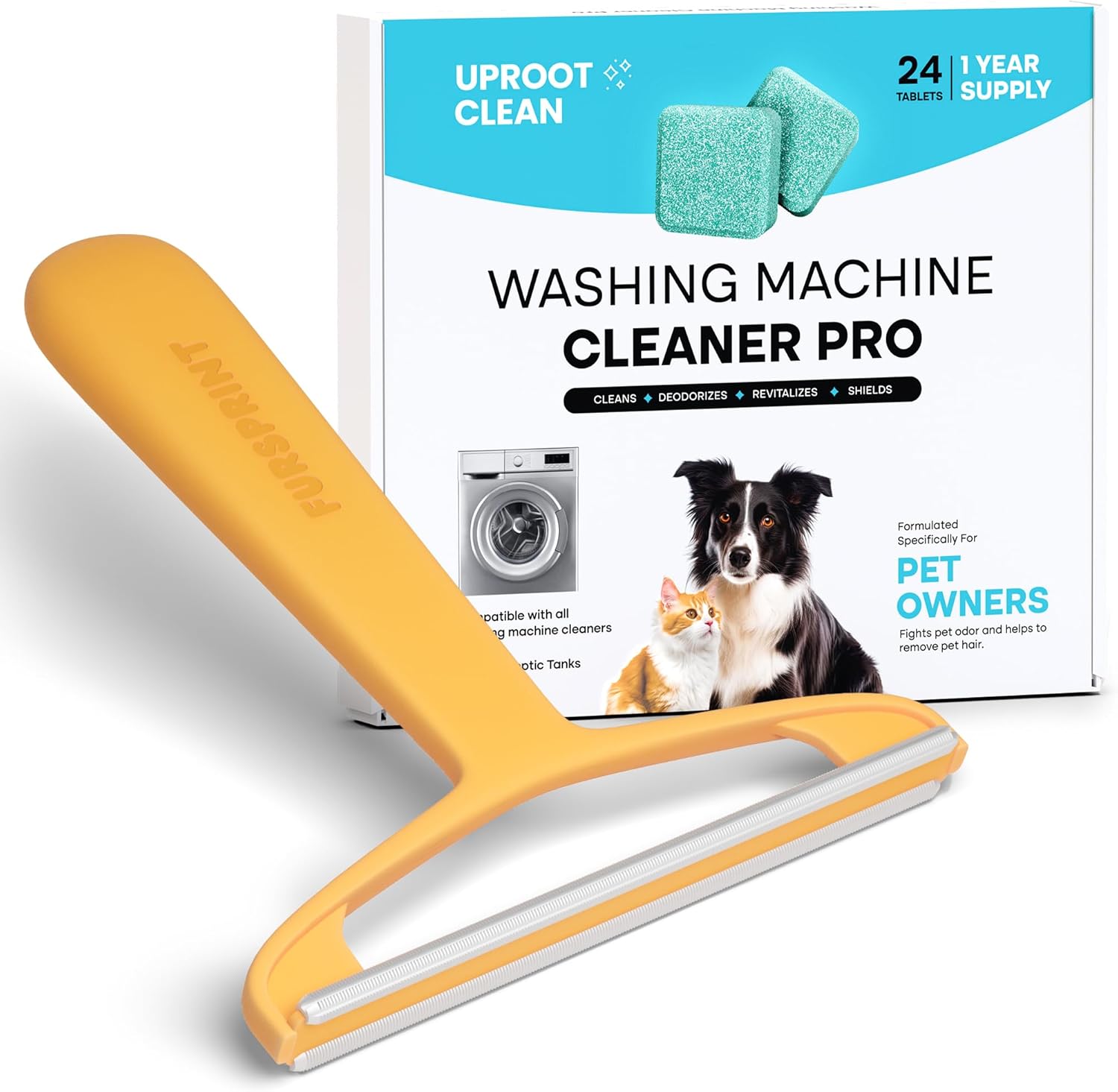Uproot Clean Washing Machine Cleaner Tablets 24-Pack + Fursprint Pro Pet Hair Removal Tool Bundle, HE/Top/Front Load Compatible Tabs, Help Remove Odor & Reusable Fur Scraper for Couches & Cars