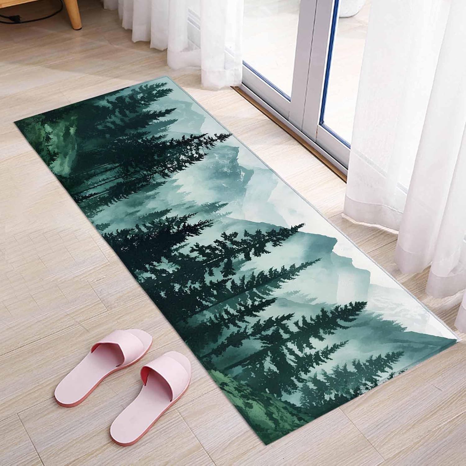 Kitchen Mats for Floor Watercolor Blue Forest Abstract Washable Non Slip Kitchen Rugs 1PCS, Vintage Linen Texture Absorbent Standing Mats for Sink Bathroom Office Living Room 15.7x47.2in
