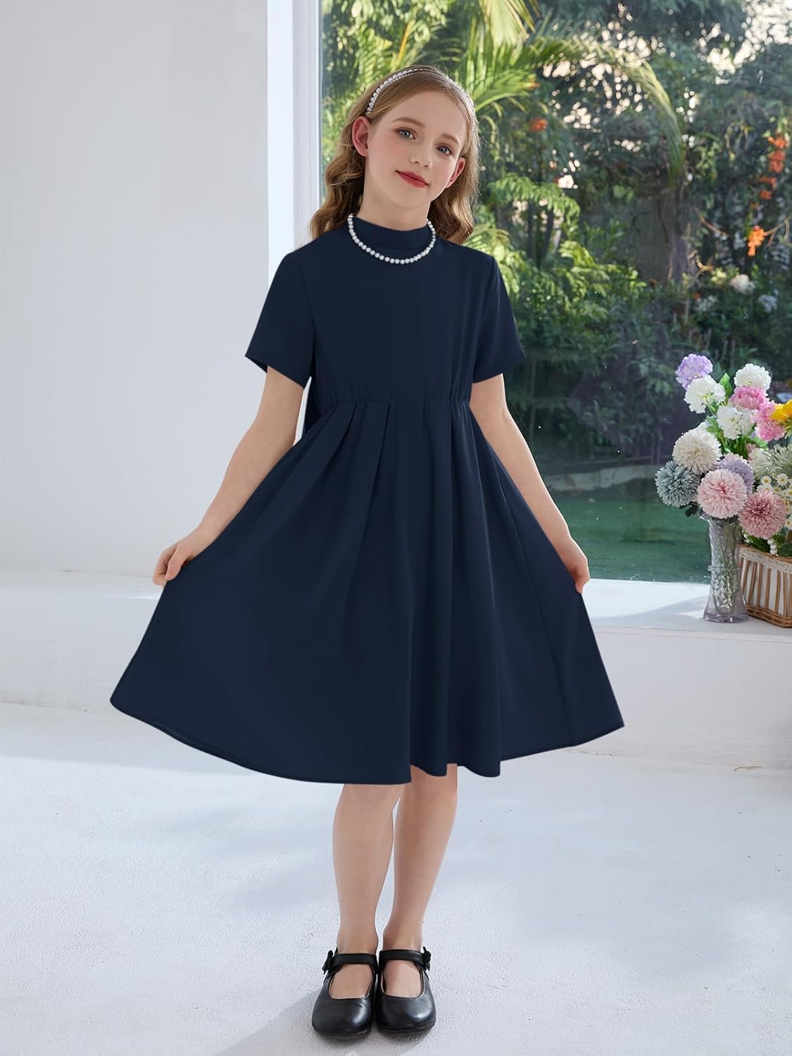 Haloumoning Girls Dresses Kids Back Bow Mock Neck Short Sleeve A-Line Wedding Party Midi Dress with Pockets 5-14Y - Image 2