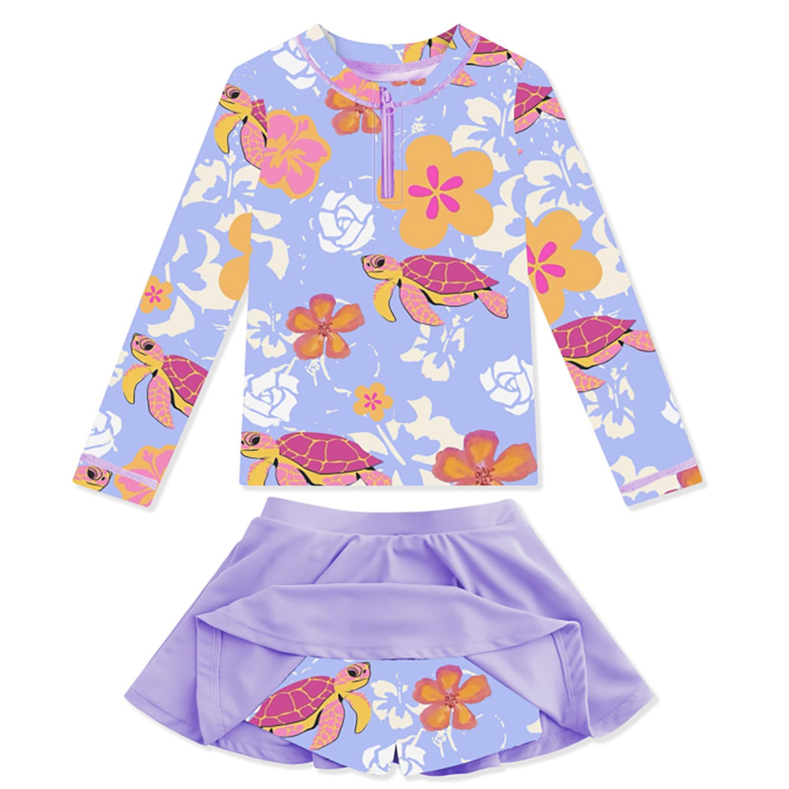 Hotfiary Trajes de Baño de Manga Larga para Niñas, Conjunto de Dos Piezas para Niños, Bañador con Protección Solar UPF 50+, Traje de Baño para Niñas Pequeñas, Falda de Baño de 2 Piezas