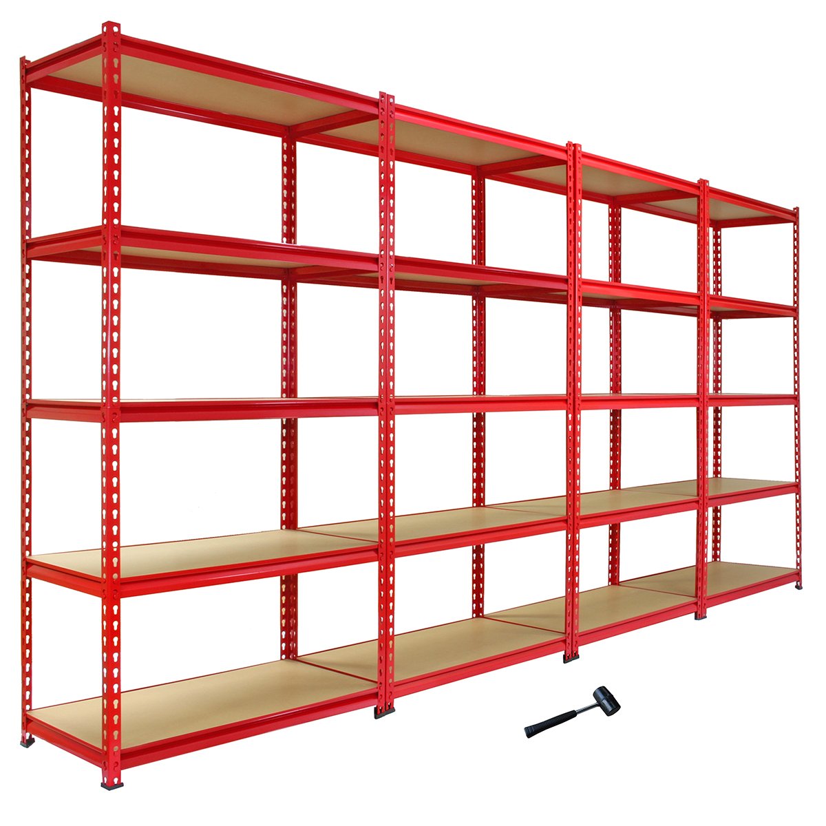 Garage Shelving Unit Pack of 4 x 5 Tier Heavy Duty Racking Storage Steel Utility Shelves Red Metal & MDF Boltless Assembly 7200kg Capacity 360kg Per Shelf 183cm x 90cm x 45cm FREE Rubber Mallet