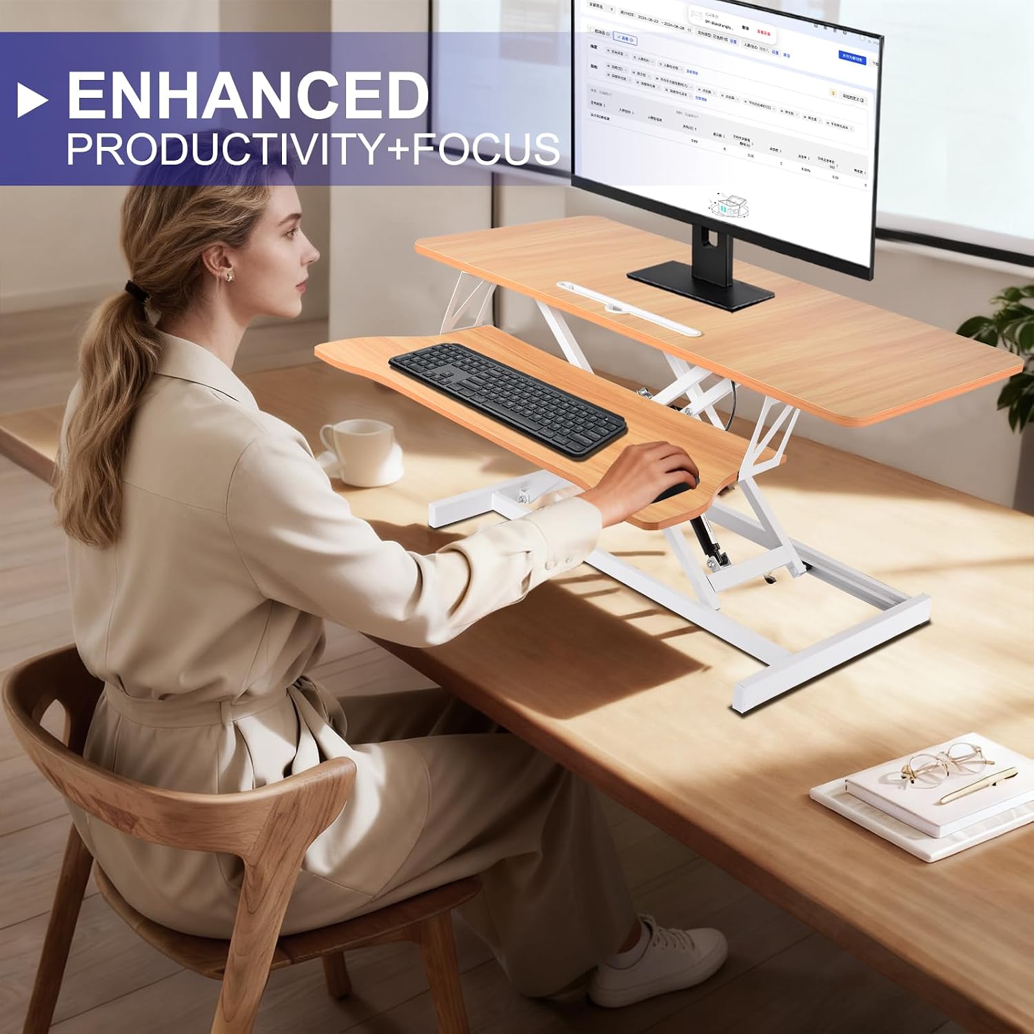 38-Inch Height Adjustable Standing Desk Converter, Duals Monitor & Laptop Riser with Wide Keyboard Tray, Sit to Stand Ergonomic Workstation for Home Office, School, Business, Log Color