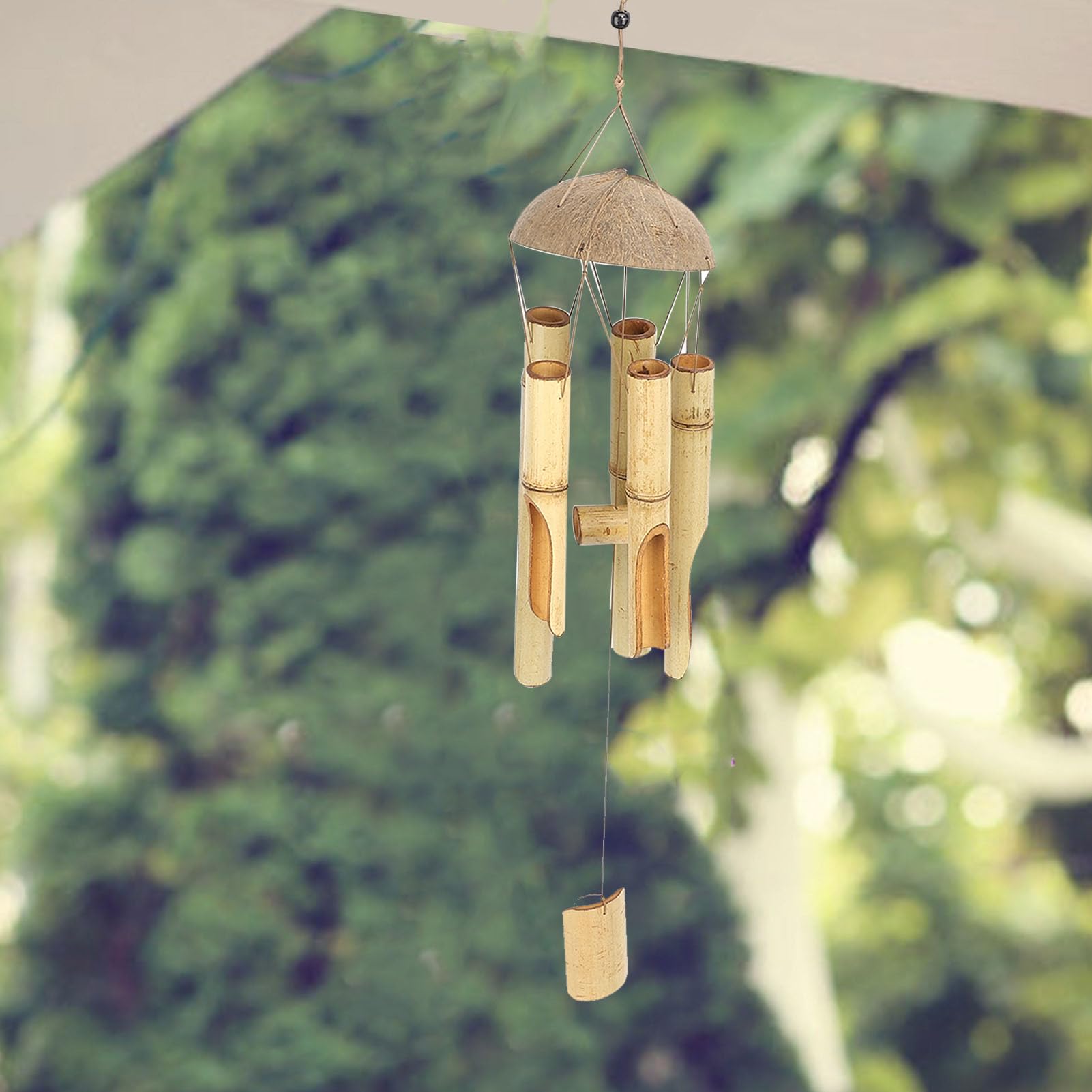 Jectse Bamboo Wind Chimes, Coconut Shell Top Hanging Decor Craft, Relaxing Melody for Garden Decor, Indoor Outdoor, Home, Balcony