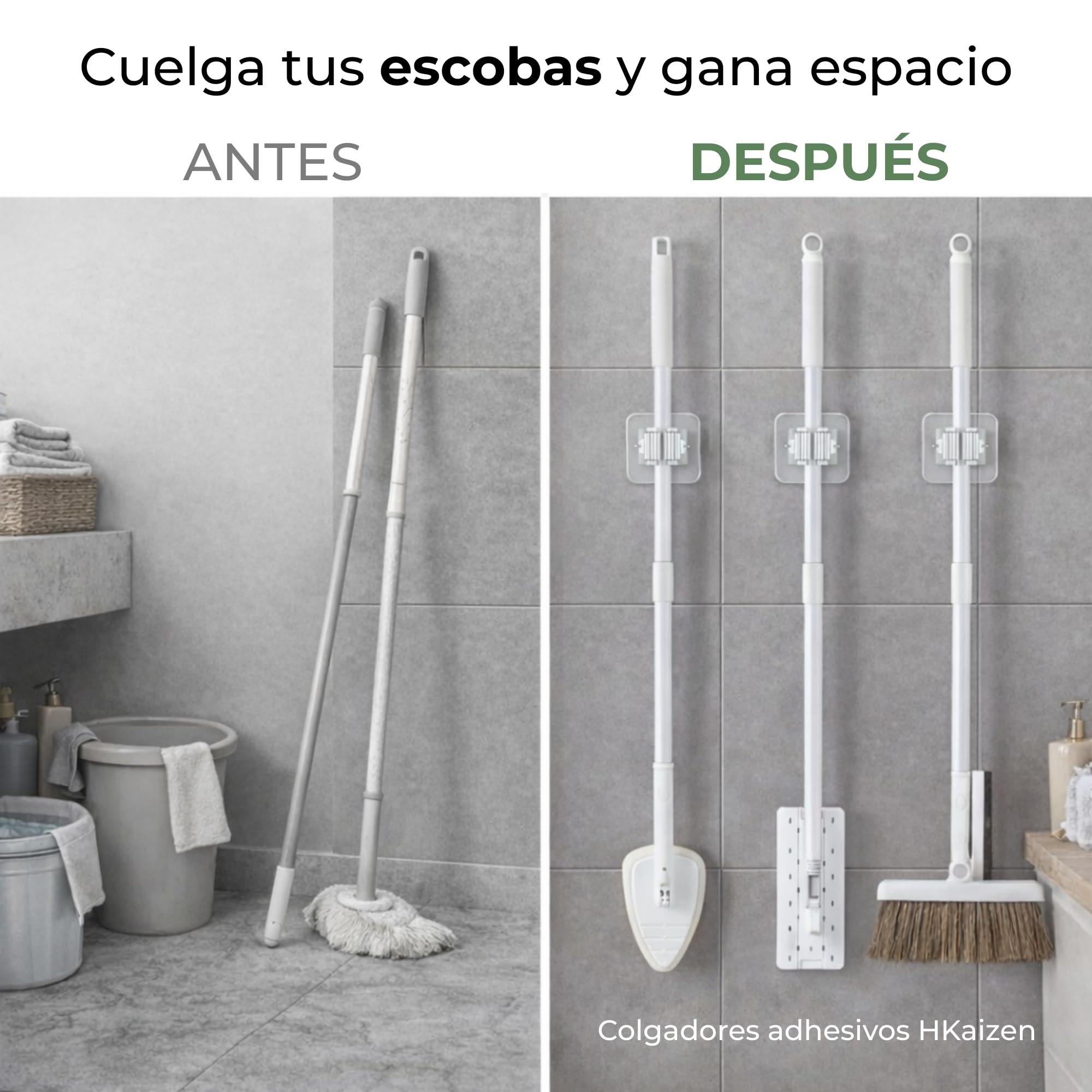 HKaizen Colgador de Escobas y Fregonas Adhesivo (Pack de 6) – Soporte para Pared sin Taladro, Resistente y Compacto para Cocina, Baño y Garaje — view 2