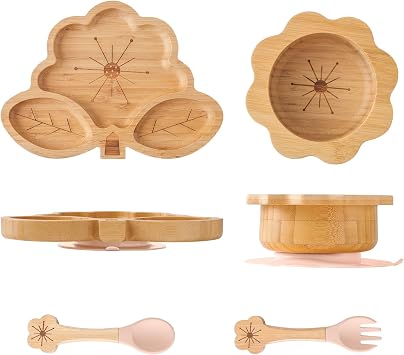 Bamboo Suction Plates Bowls Set for Baby Toddler - Includes Bamboo Bowl, Divided Plate, Silicone Fork & Spoon, All-Natural Baby Feeding Set for Baby-Led Weaning