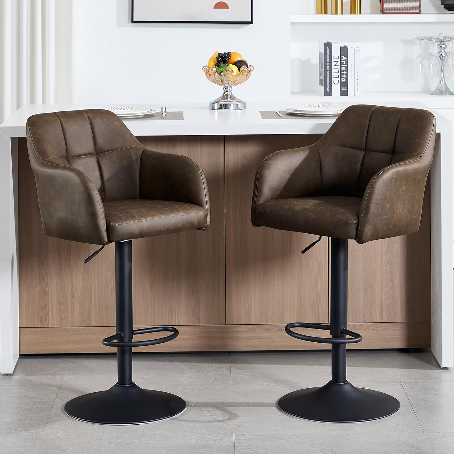 Swivel Adjustable Barstools Set of 2, Faux Leather Bar Height Stools with Armrest, Upholstered Modern Counter Bar Chairs with Metal Footrest for Kitchen Island/Home Bar/Dining Room, Brown