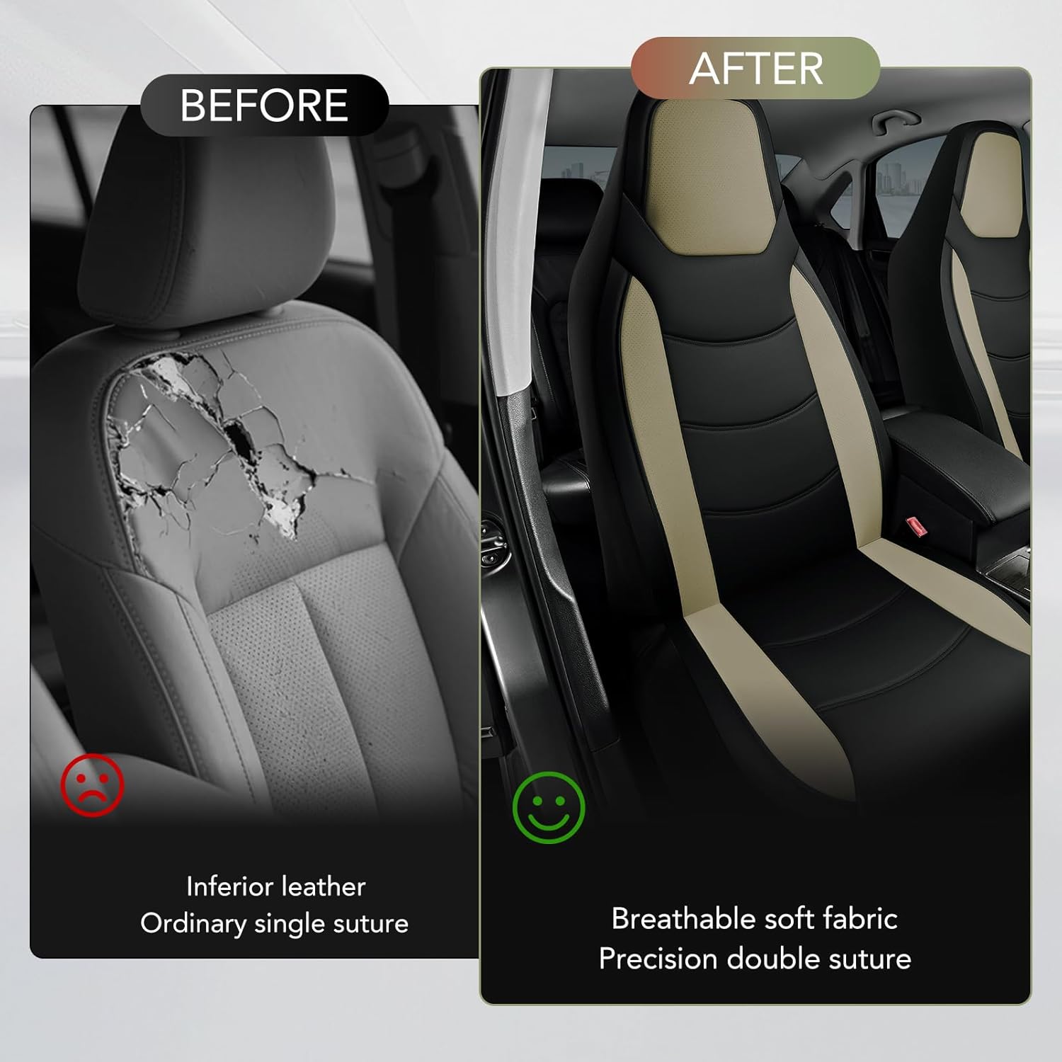 Road Comforts Car Seat Cover, Leather Seat Covers, Automotive High Back Front Car Seat Covers, Airbag Compatible, Universal Fit for Most Cars (Beige)