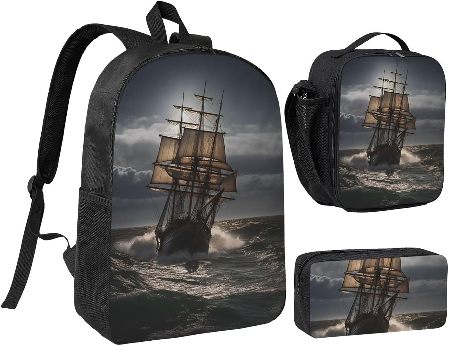 Sailing ship in storm Backpack Set 3 PCS - 17 Inch Laptop Backpack with Lunch Bag, Waterproof Daypack Insulated Lunch Box Large Capacity Coin Pouch Personalized Gift
