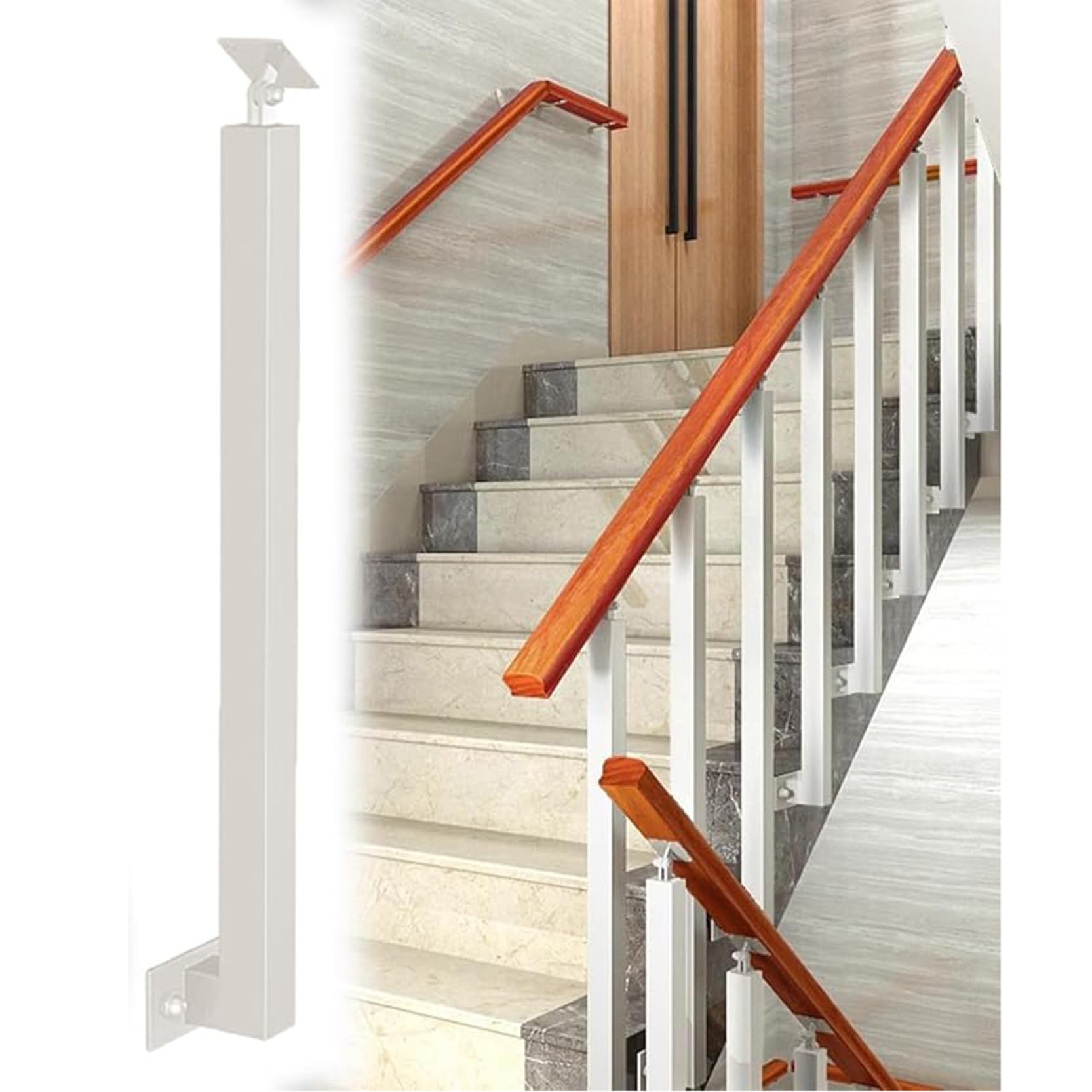 Square Stair Baluster Posts - 270°Adjustable Metal Railing Spindles with Flat Bracket Base,Indoor Stair Railing Kits for Attics Office Buildings Decks,Side Mount(Size:65cm/25.6in,Color:White)