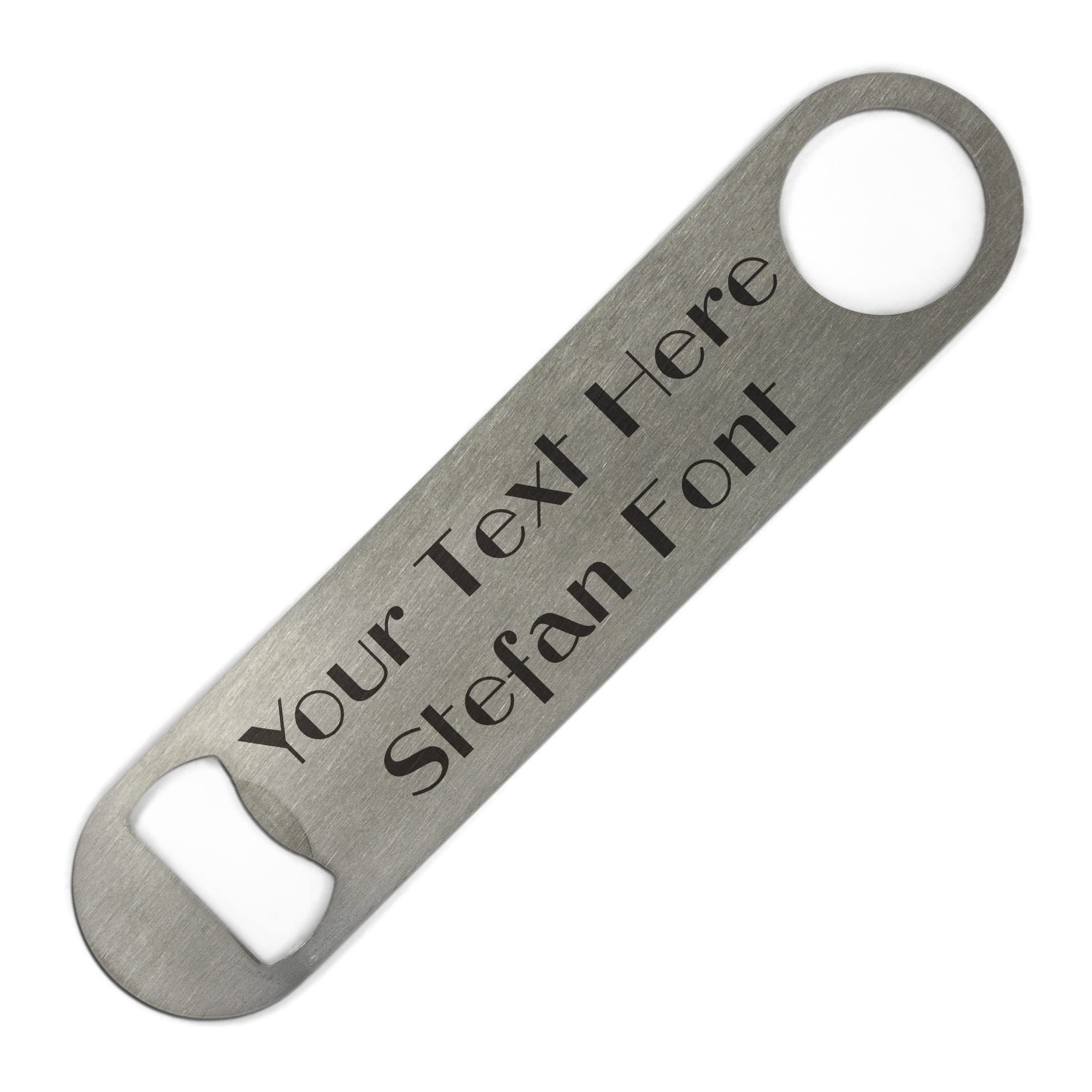 ShopQuality4U Personalised Stainless Steel Bar 18cm/7" Blade Bottle Opener Printed with Any Message That Does Not Fade or Wash Off - Enter Your Own Custom Text Stefan Font Double Sided