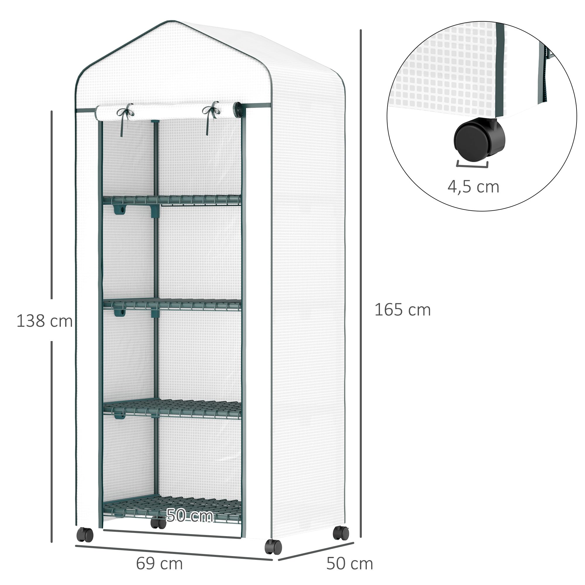 Serra Outsunny con rotolo, ripiani, serra in film d'acciaio resistente all'inverno, serra per balcone, giardino, casa per pomodori 69 x 50 x 165 cm, serra per pomodori, fiori, piante, bianco