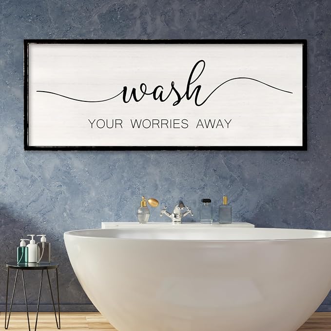 Wash Your Worries Away Funny Bashroom Wall Decor 32x12 Inch Rustic Farmhouse Wood Framed Inspirational Sign Toilet Restroom Tabletop Desk Modren Laundry Room Wall Art Hanging (Black)