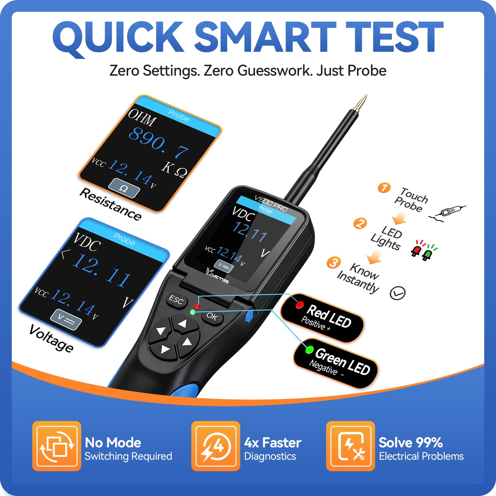 VDIAGTOOL V500 Pro Tester Sonda per Circuiti Elettrici con Cerca Filo Interrotto, Multimetro Oscilloscopio Relè Iniettori Test, Ricercatore Corto Circuito Aperto AC DC 9V-30V, Tracciatore Cavi 20FT