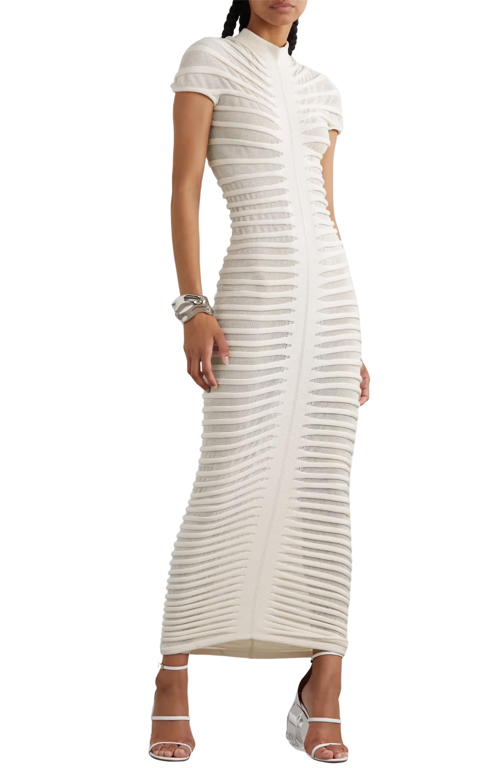 Atyfuniby Womens Sweater Bodycon Dresses Short Sleeve Crochet Knit Tube Sheer Stripe Mock Neck Midi Dress