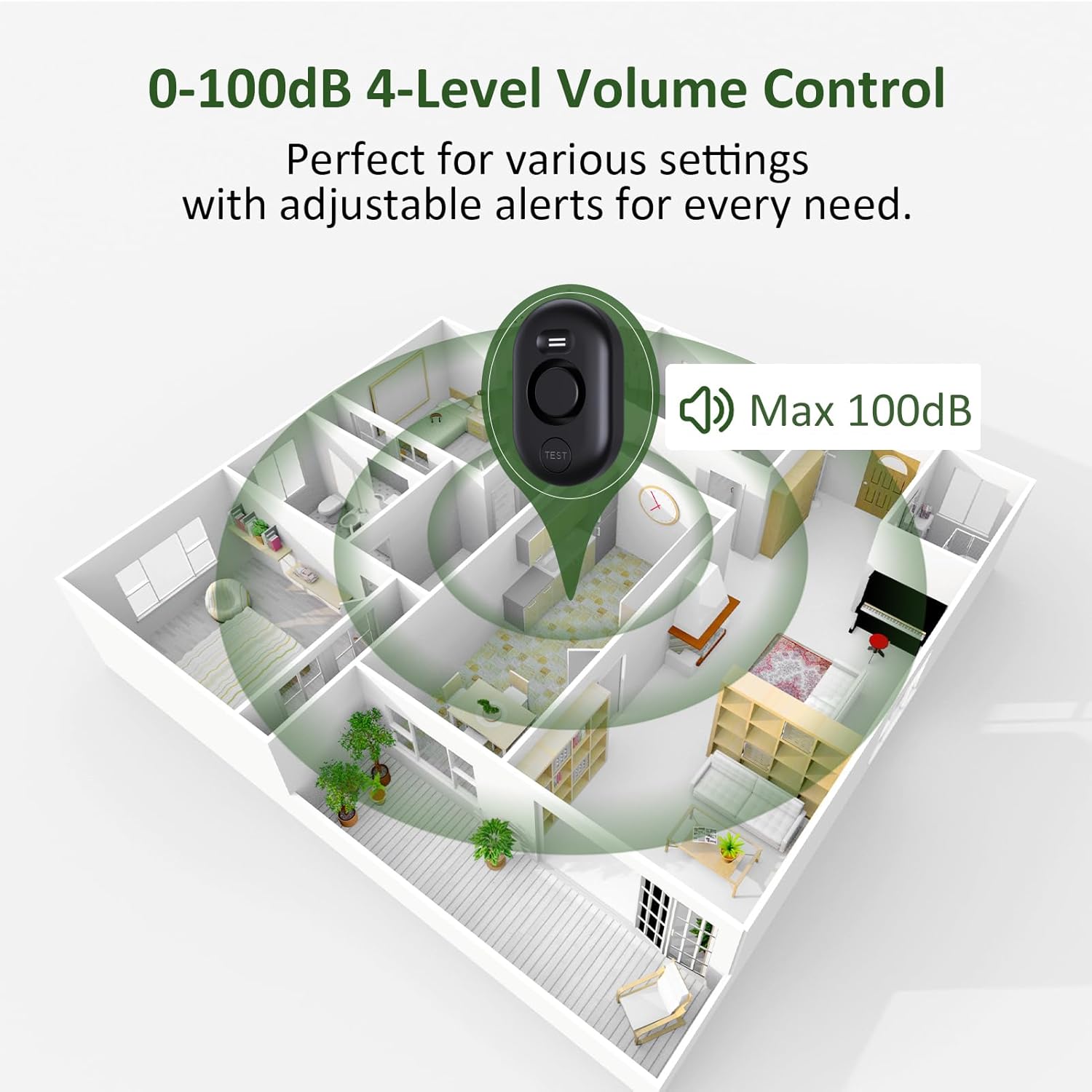 Image showing the water leak detector emitting a loud 100dB alarm, with sound waves radiating outwards in a house floor plan.