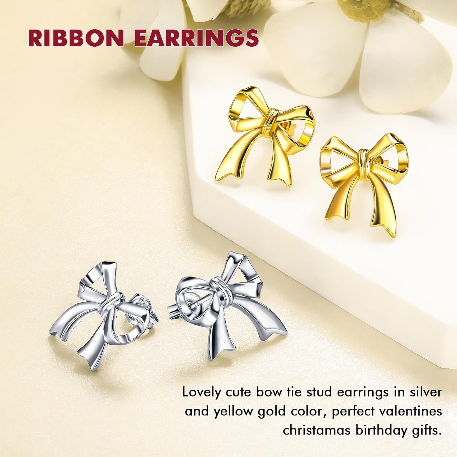 DAYBYDAY Bow Earrings Cubic Zirconia Ribbon Stud Earrings for Women 925 Sterling Silver/Yellow Gold Plated Bow Tie Earrings Cute Jewelry (with Gift Box)