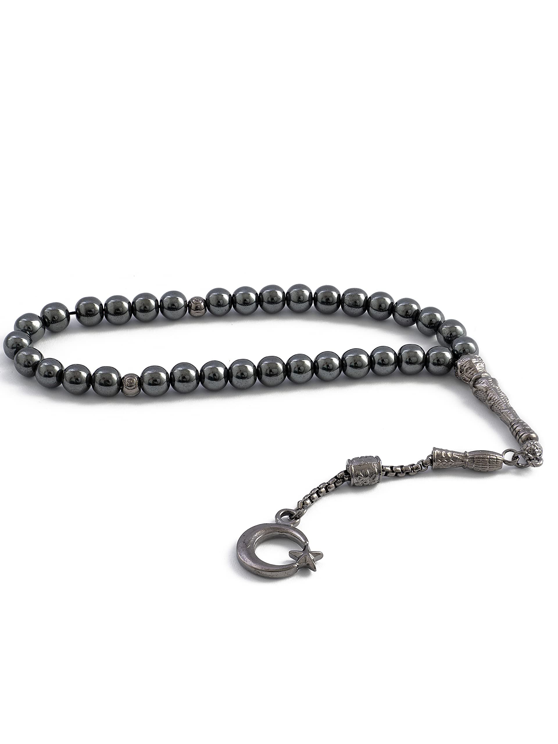 Gök-Türk prayer beads - Tesbih made of natural stones grey - with pendants Zülfikar, Wolf, Ay Yildiz, Abdulhamid's Tugra or Atatürk (Ay Yildiz)