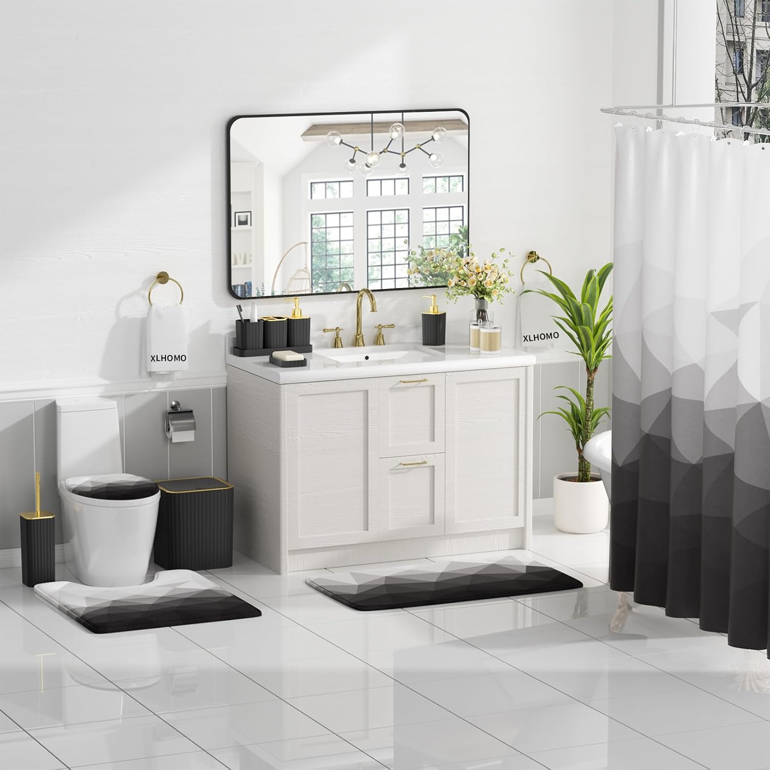 Bathroom Accessory Set - 26PC Bathroom Shower Curtain and Rug Set, Bathroom Accessories Set, Black Bathroom Set with Trash Can, Toilet Brush, Qtip Holder & Soap Dispenser