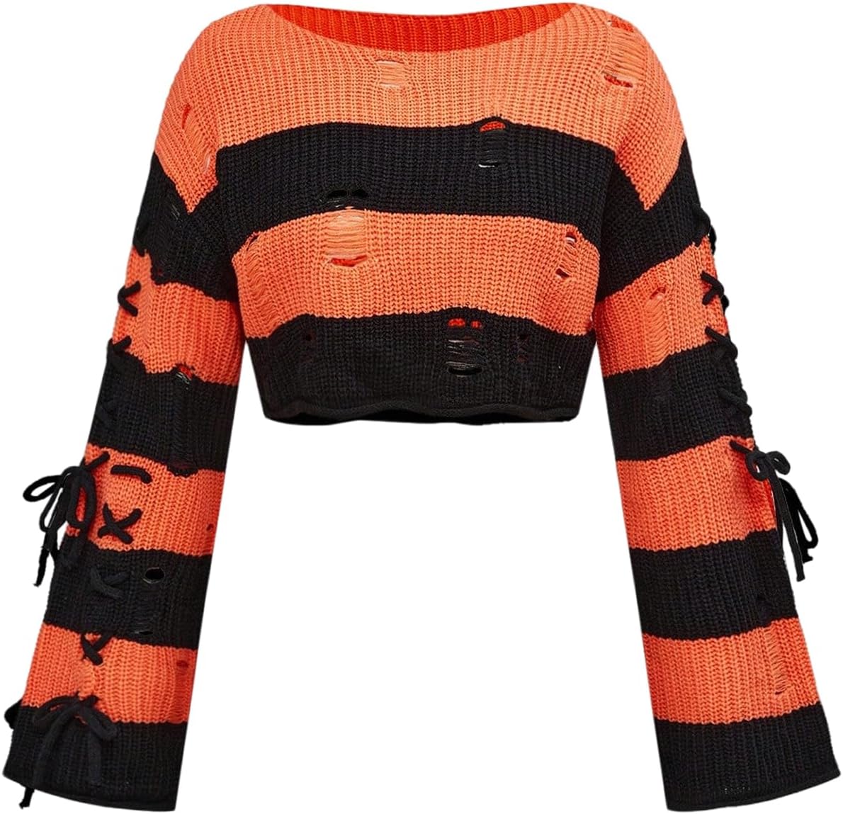 Verdusa Women's Ripped Lace Up Cropped Sweater Goth Lightweight Colorblock Pullover Knit Tops