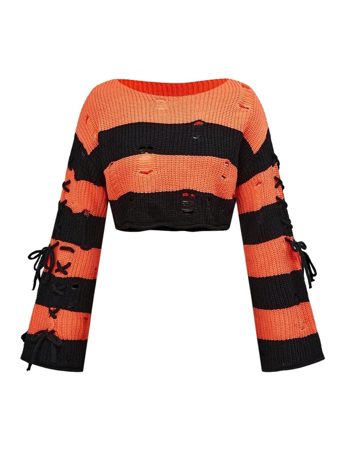Verdusa Womens Ripped Lace Up Cropped Sweater Goth Lightweight Colorblock Pullover Knit Tops