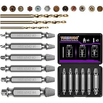 YURINWOO Screw Extractor Set 9 Pieces HSS 6542 HRC 63-65 6 Left Extractor and 3 Twist Drills Screw Remover for Damaged Rusty Broken and Round Turned Screws M2-M12