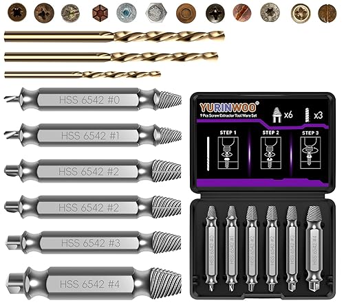 YURINWOO Juego de 9 extractores de tornillos dañados, kit extractor HSS 6542 mejorado y 3 brocas giratorias para tornillos dañados rotos, regalo de