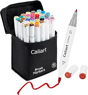 Caliart Art Markers, 41 Colors Alcohol Marker Pen Set Dual Tip Brush & Fine Permanent for Coloring Drawing Highlighters Anime Illustration Card Making Underlining Christmas Gifts