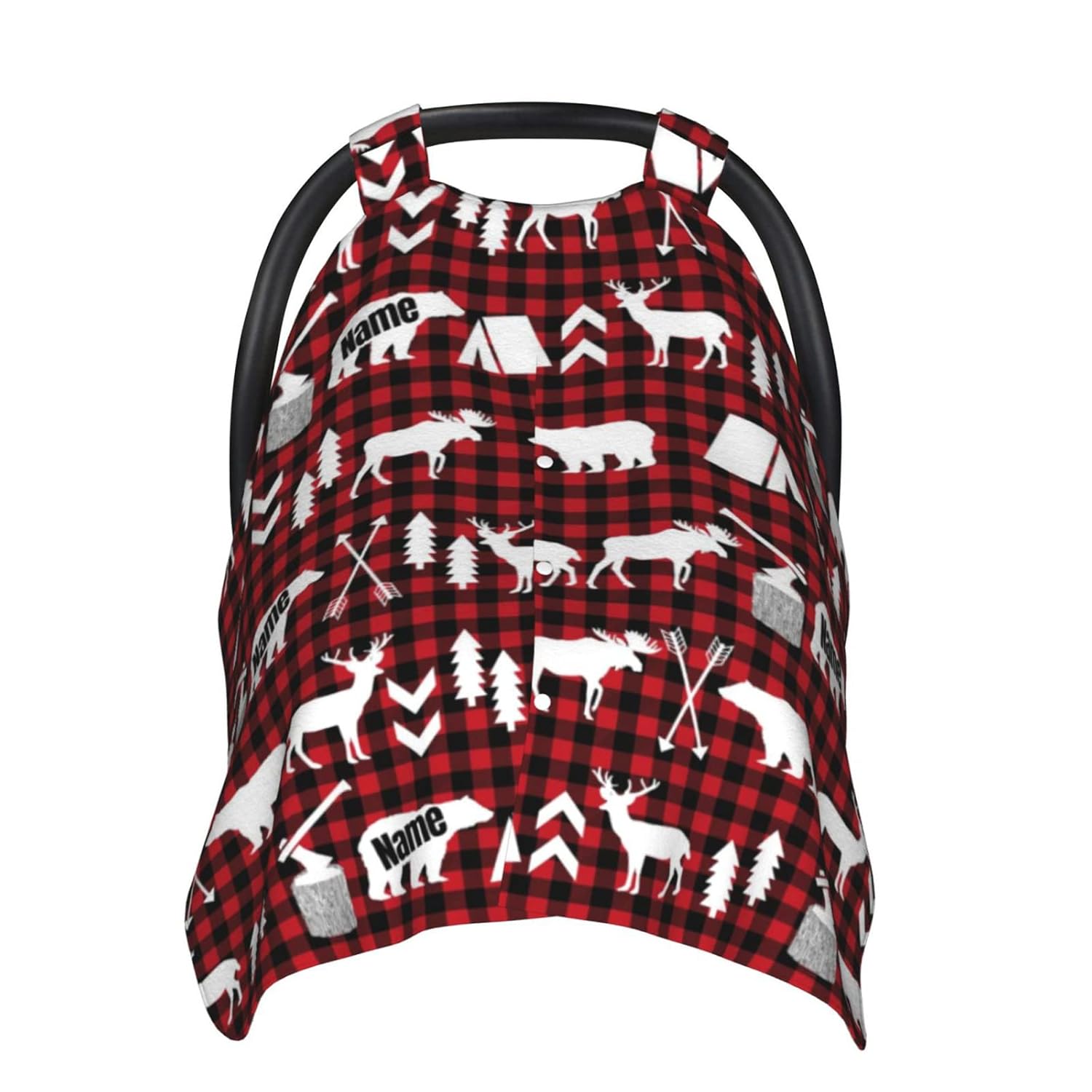 Personalized Baby Name Car Seat Covers for Babies, Custom Car seat Canopy, Peekaboo Opening Breastfeeding Cover Infant Canopies for Baby Boys Girls Newborn (Red Plaid, Woodland Deer and Bear)